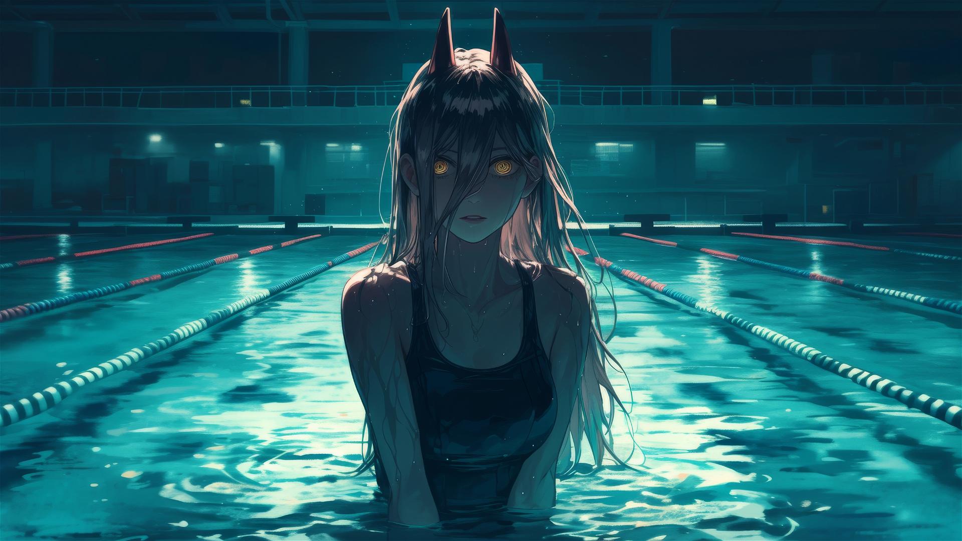 Power from Chainsaw Man standing in a pool under moonlight with yellow eyes