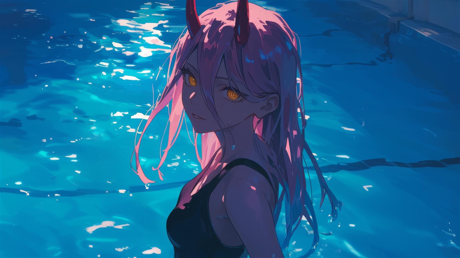 Power from Chainsaw Man standing in pool under moonlight with yellow eyes