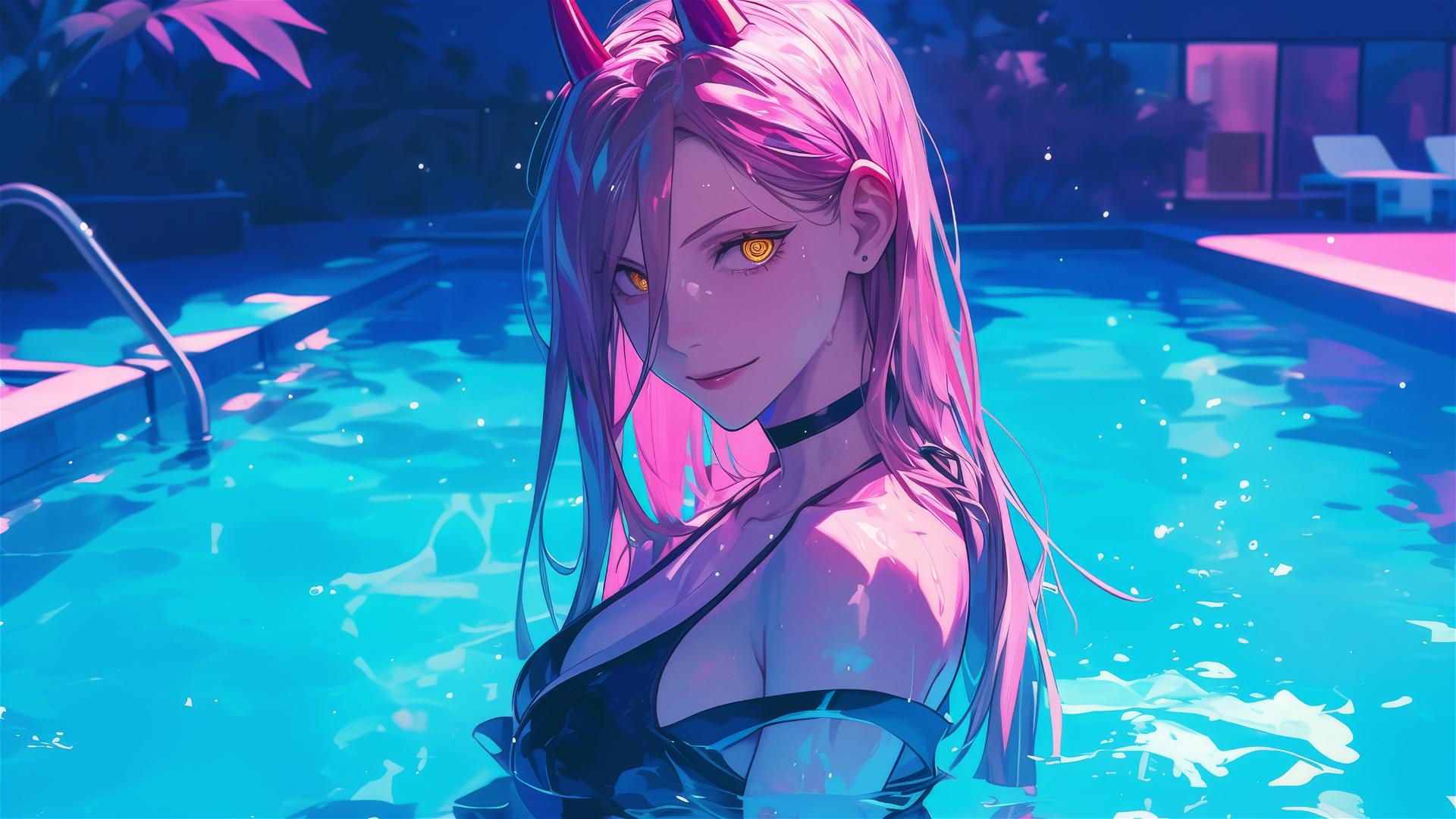 Power from Chainsaw Man standing in pool under moonlight, yellow eyes shining