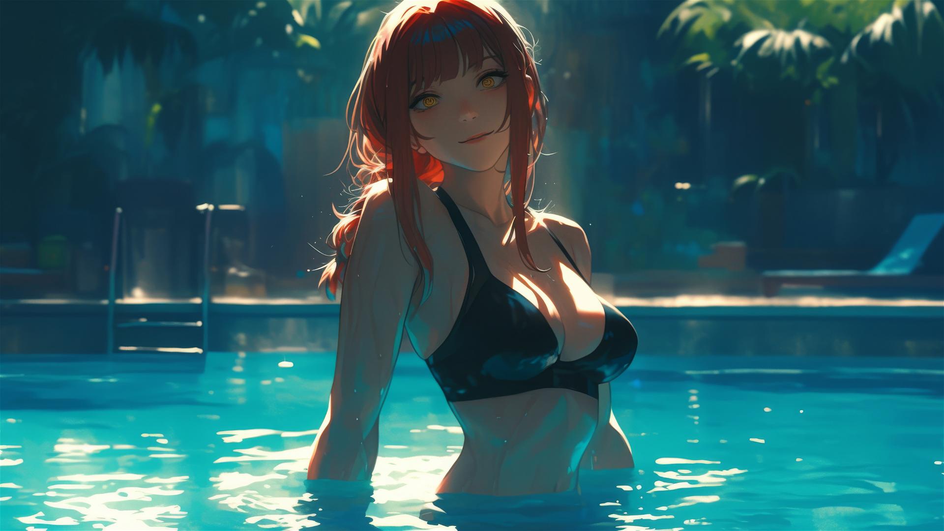 Makima from Chainsaw Man standing in a pool under moonlight with glowing red hair