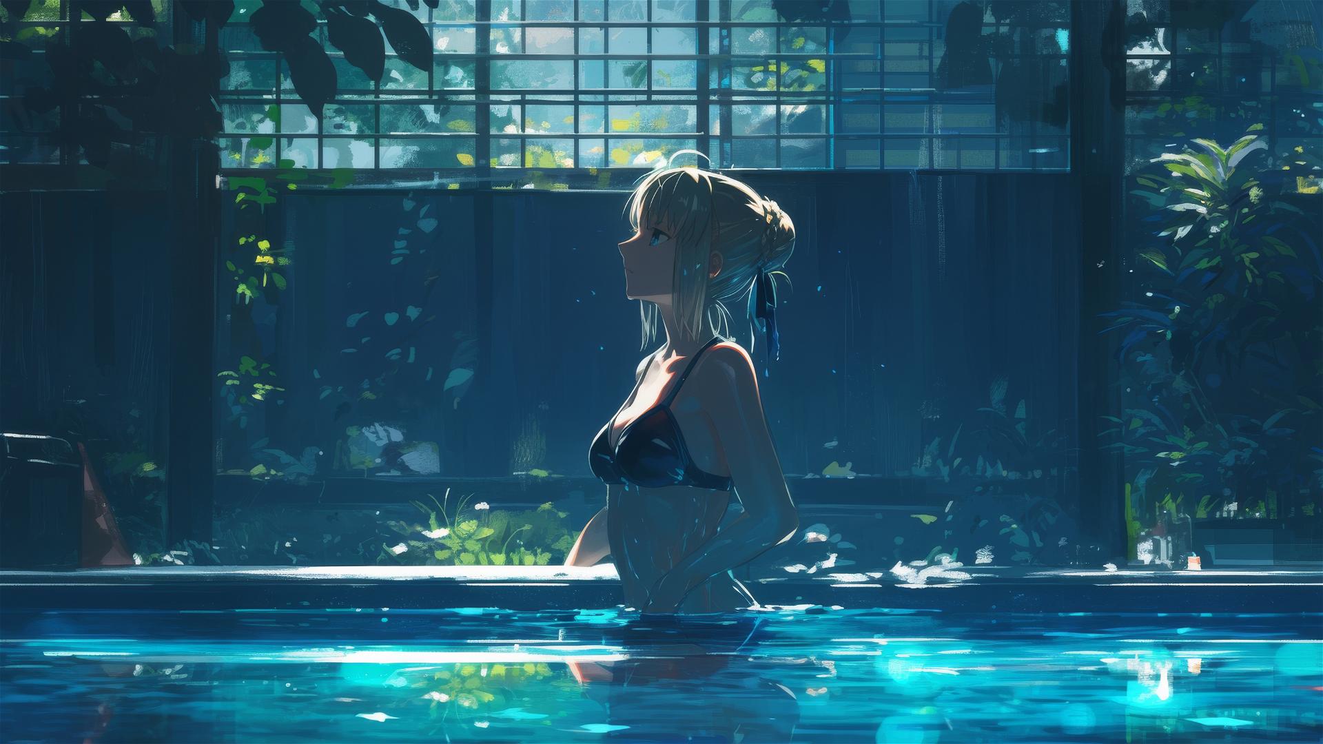 Saber from Fate/Zero standing in a pool under moonlight