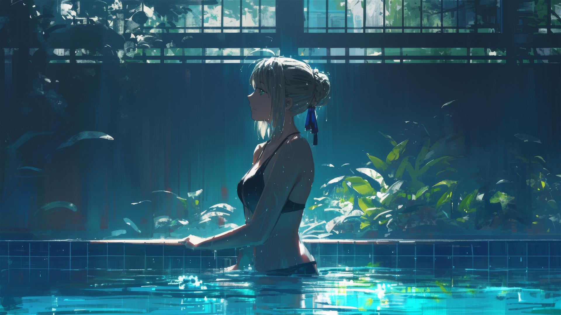 Saber from Fate/Zero standing in a pool under moonlight