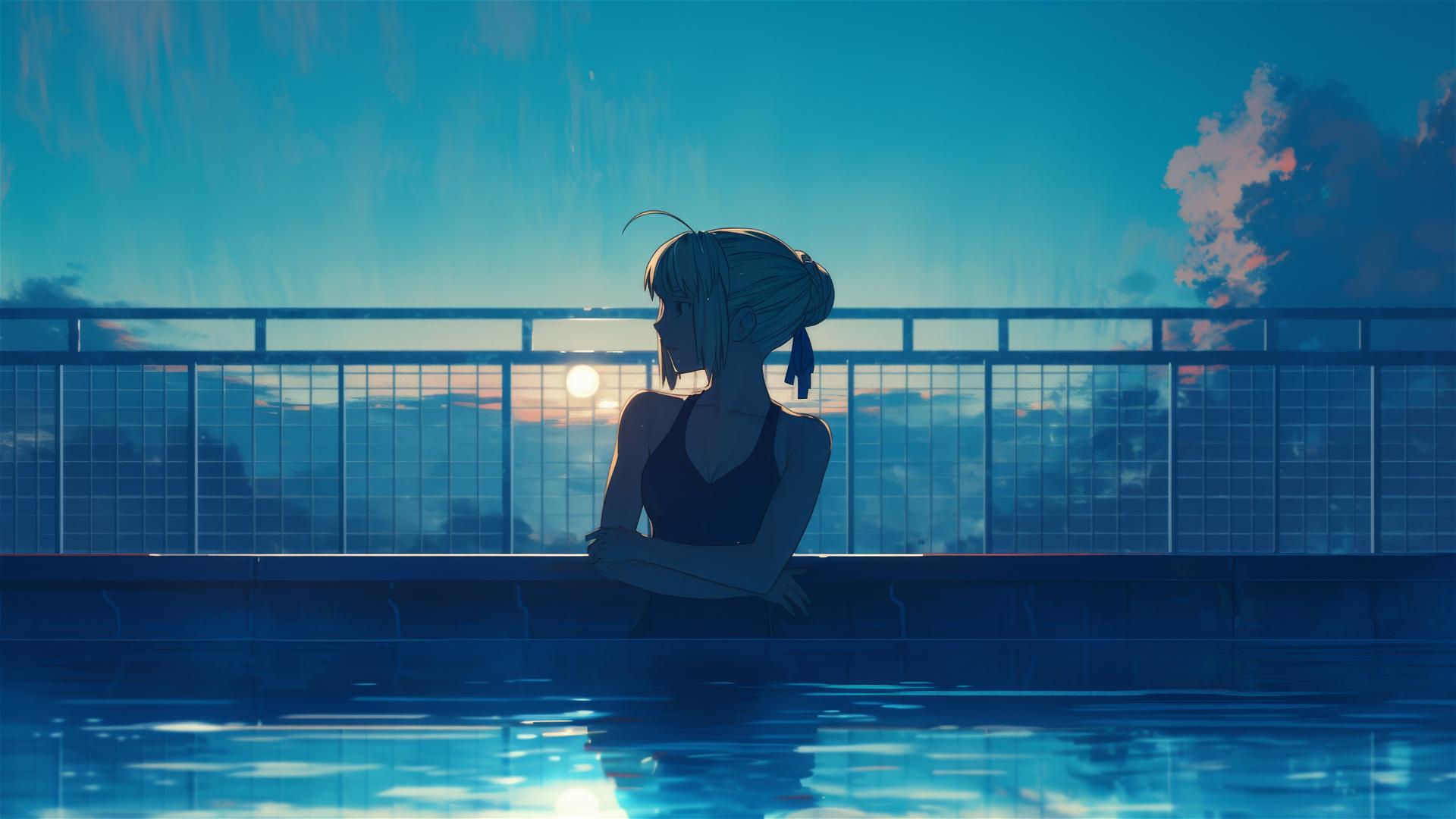 Saber from Fate/Zero standing in a pool under moonlight
