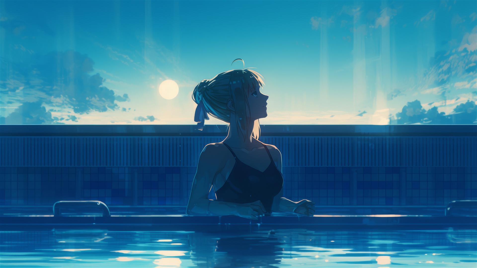 Saber from Fate/Zero standing in a pool under moonlight