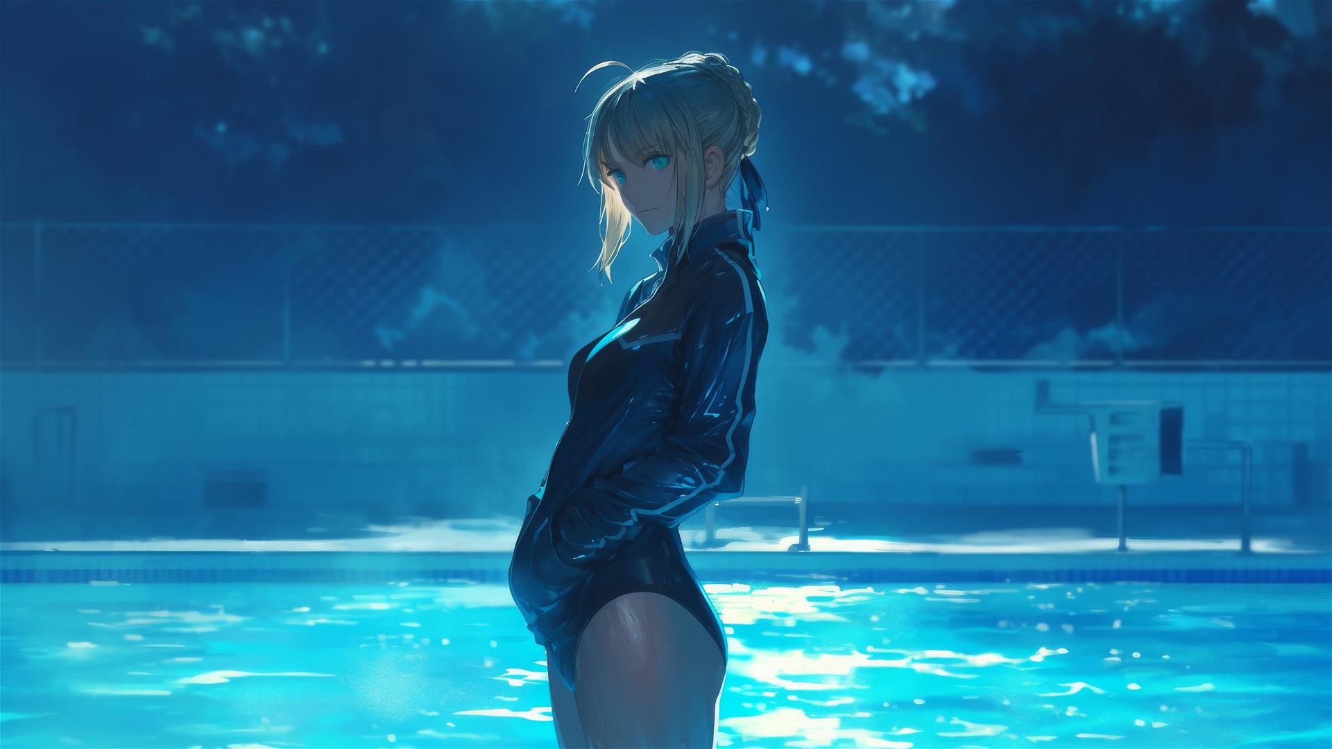 Saber from Fate/Zero standing in a pool under the moonlight