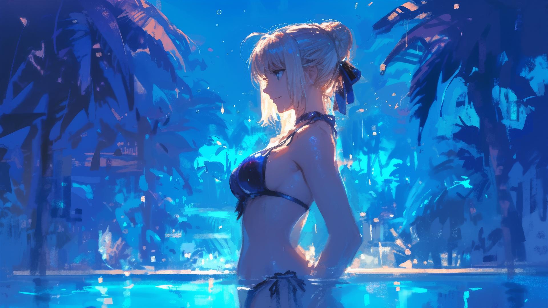 Saber from Fate/Zero standing in a pool under moonlight