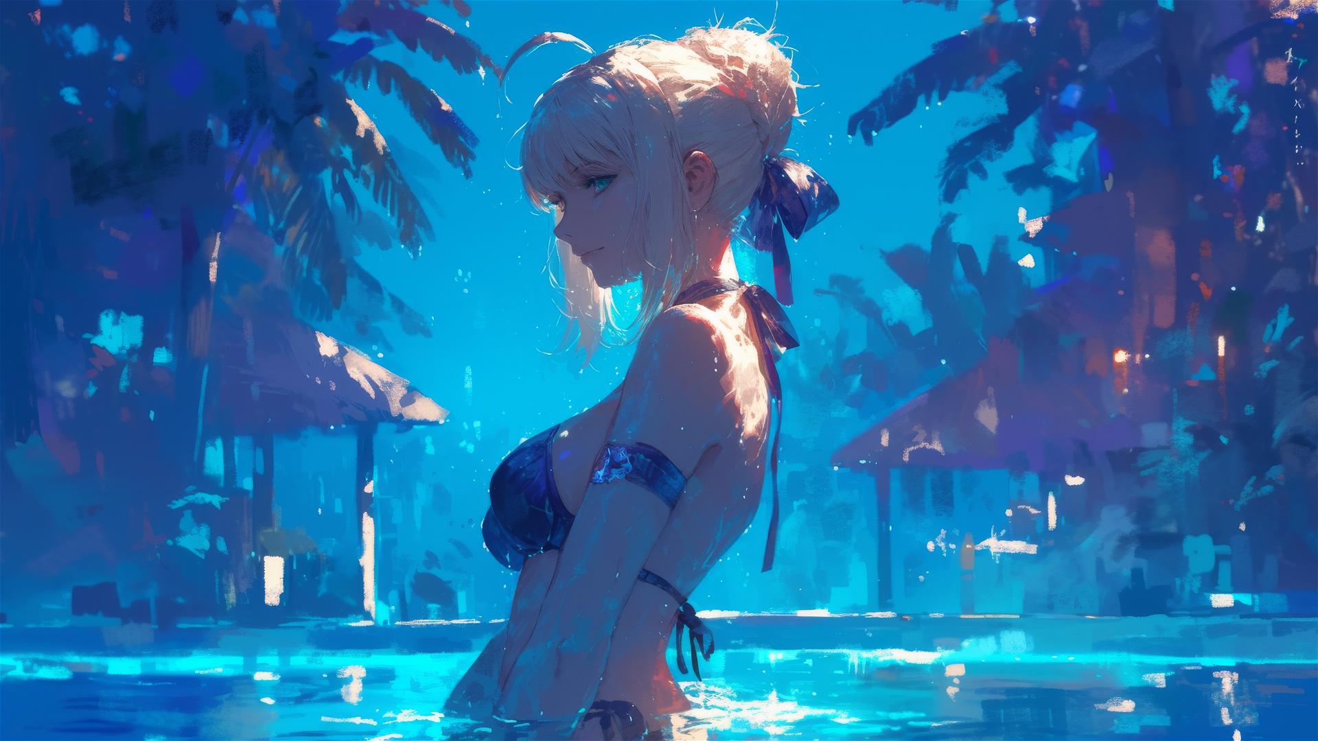 Saber from Fate/Zero standing in a pool under moonlight