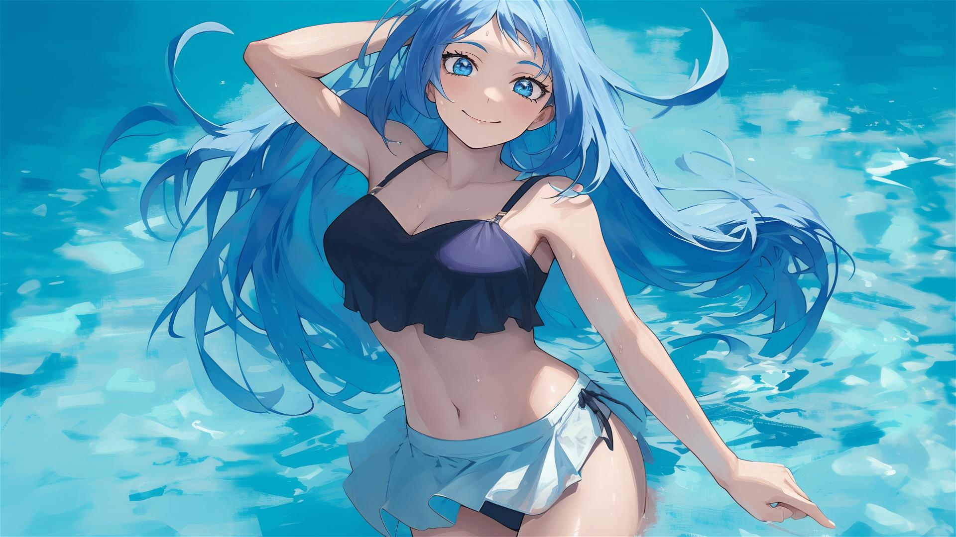 Nejire Hadou from My Hero Academia standing in a swimming pool by moonlight, with blue eyes