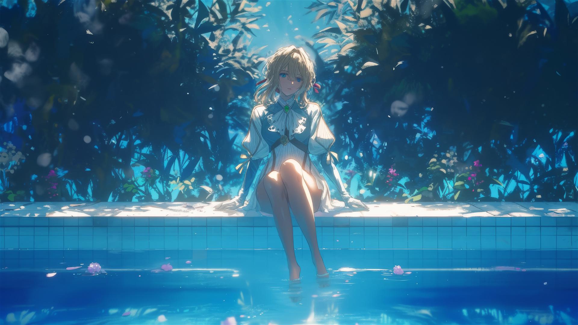 Violet Evergarden resting by the pool under moonlight