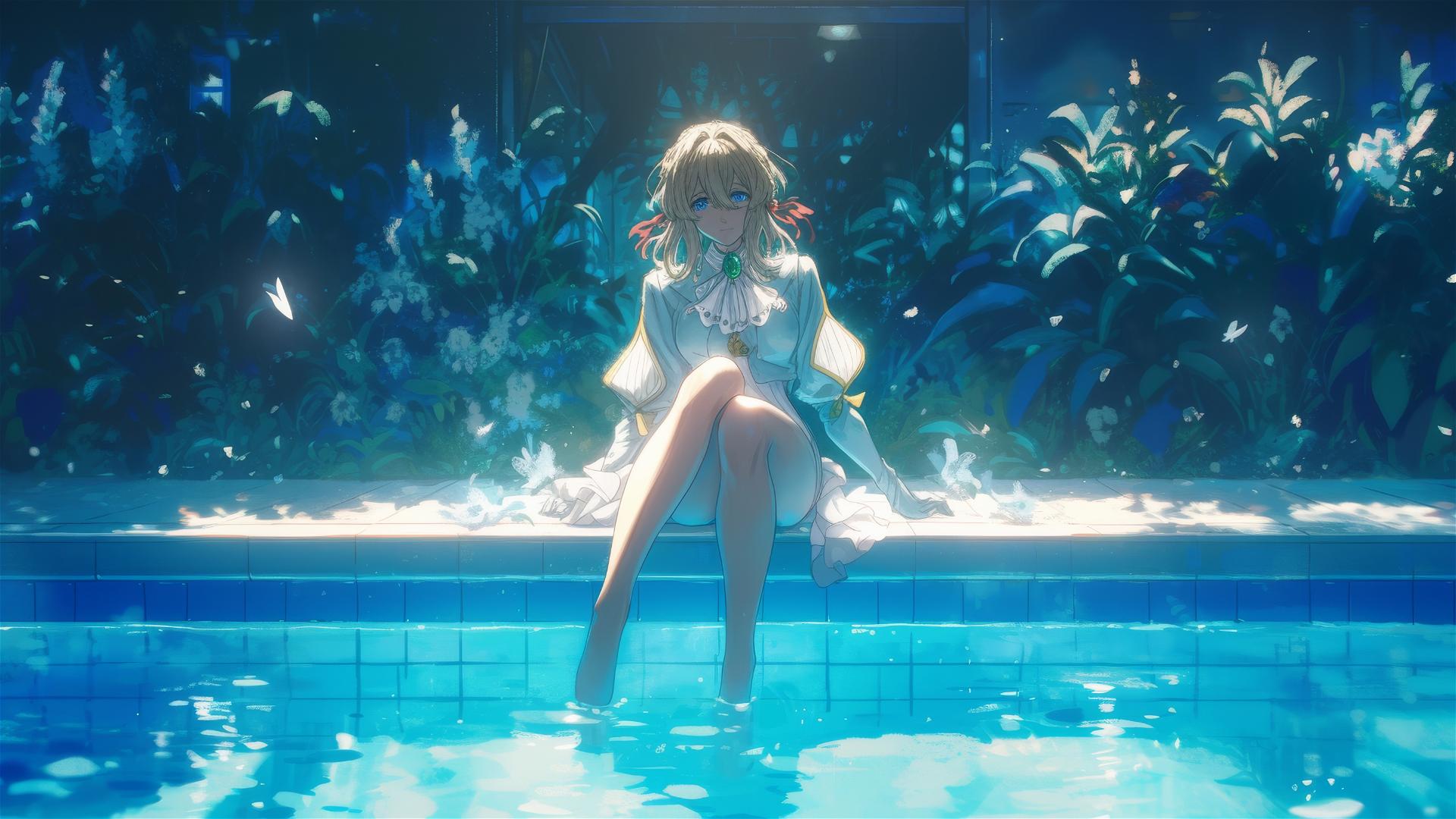 Violet Evergarden resting by pool under moonlight