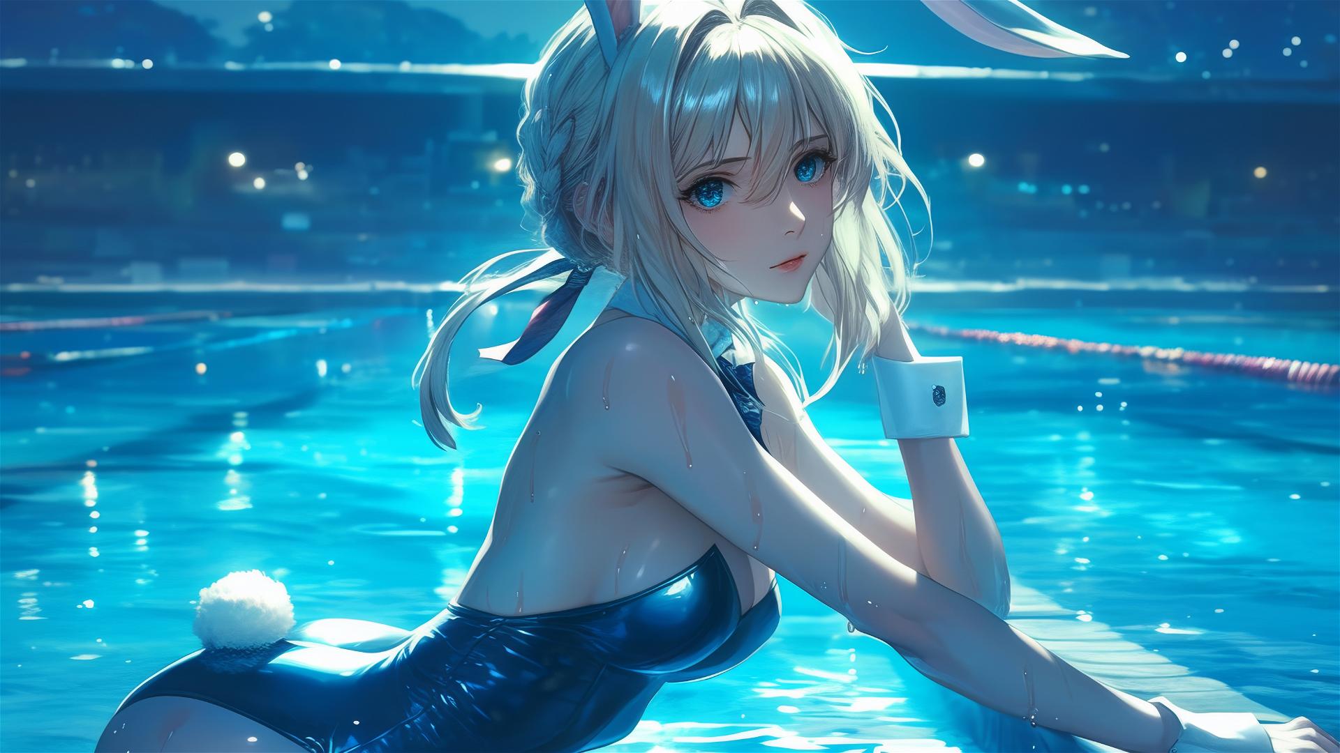 Violet Evergarden in bunny girl outfit by moonlit pool