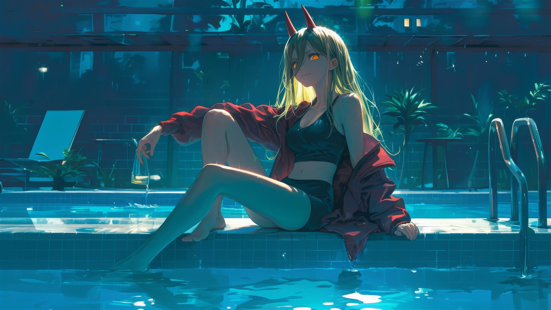 Power, from Chainsaw Man, resting by pool under moonlight with yellow eyes