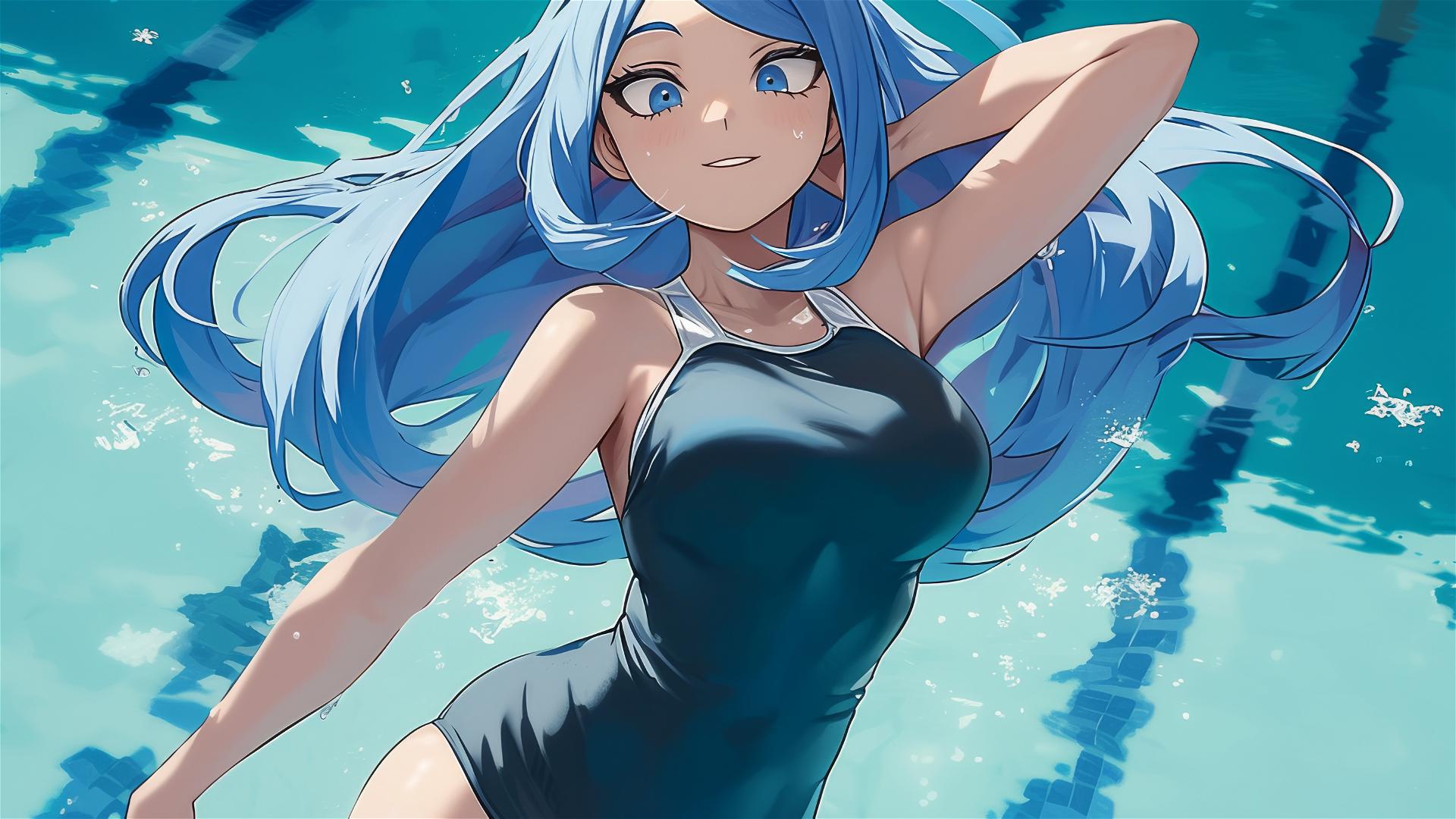 Nejire Hadou from My Hero Academia standing in a pool under moonlight, blue eyes shining