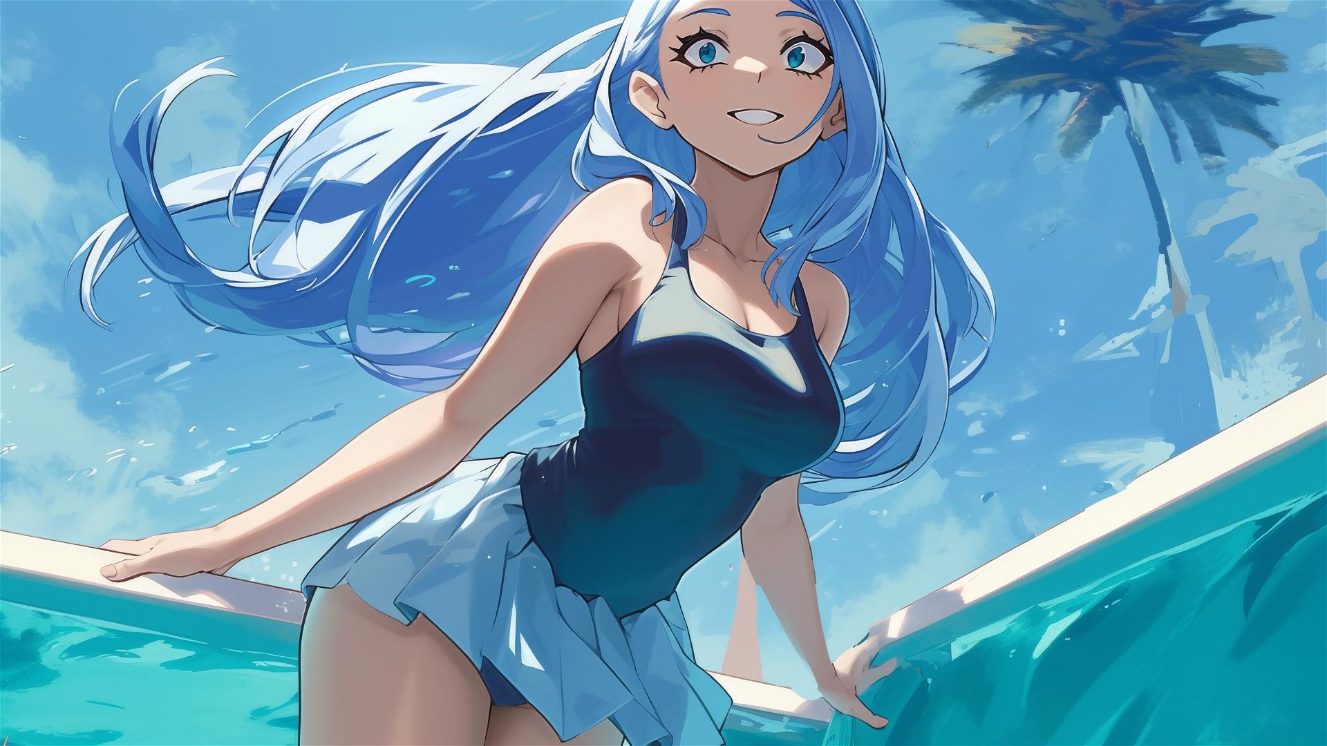 Nejire Hadou from My Hero Academia standing in a pool by moonlight, blue eyes shining