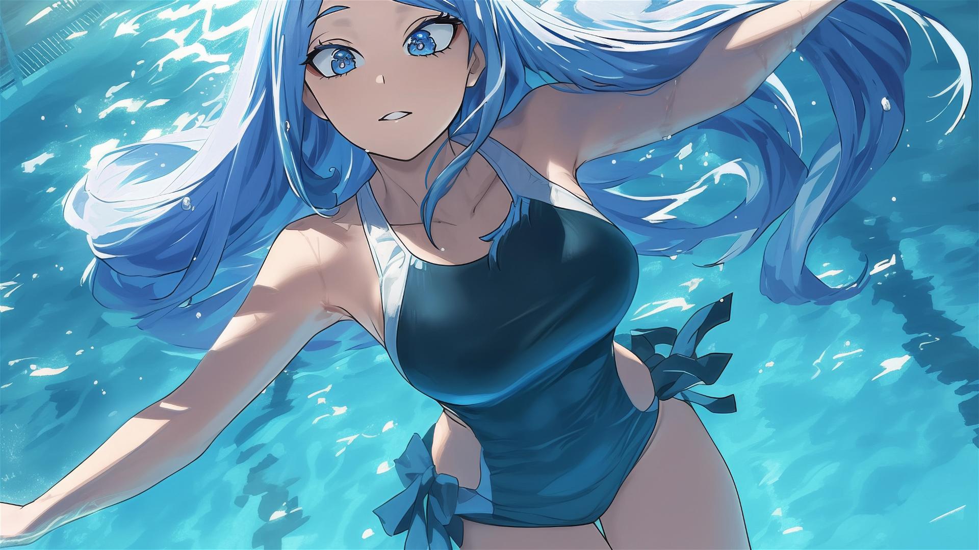 Nejire Hadou from My Hero Academia swimming in pool under moonlight with blue eyes