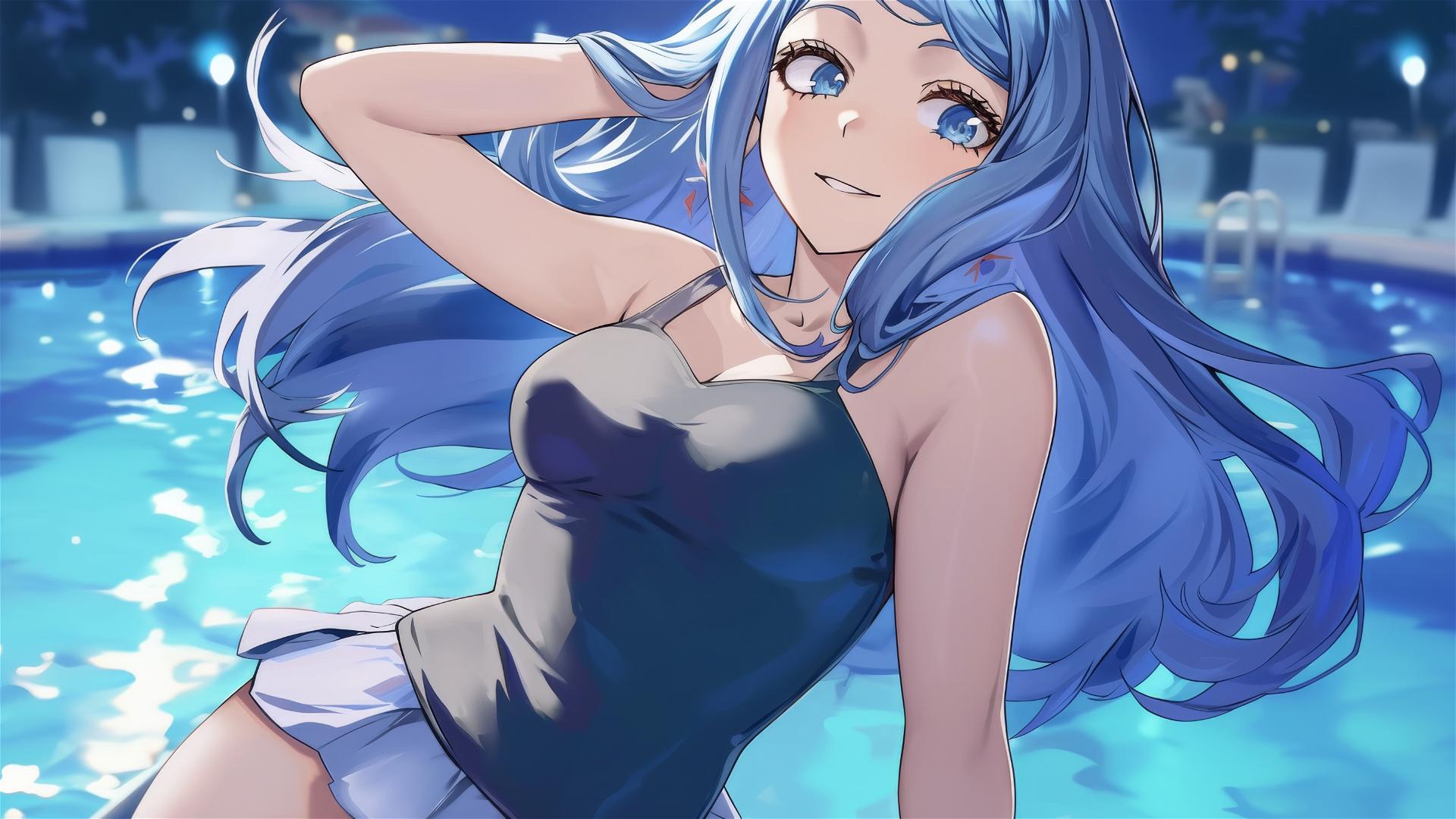 Nejire Hadou resting by the pool under moonlight with blue eyes