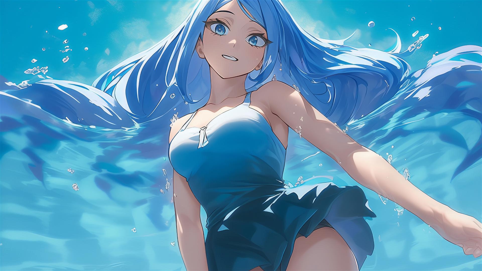 Nejire Hadou from My Hero Academia standing in a pool in moonlight with blue eyes