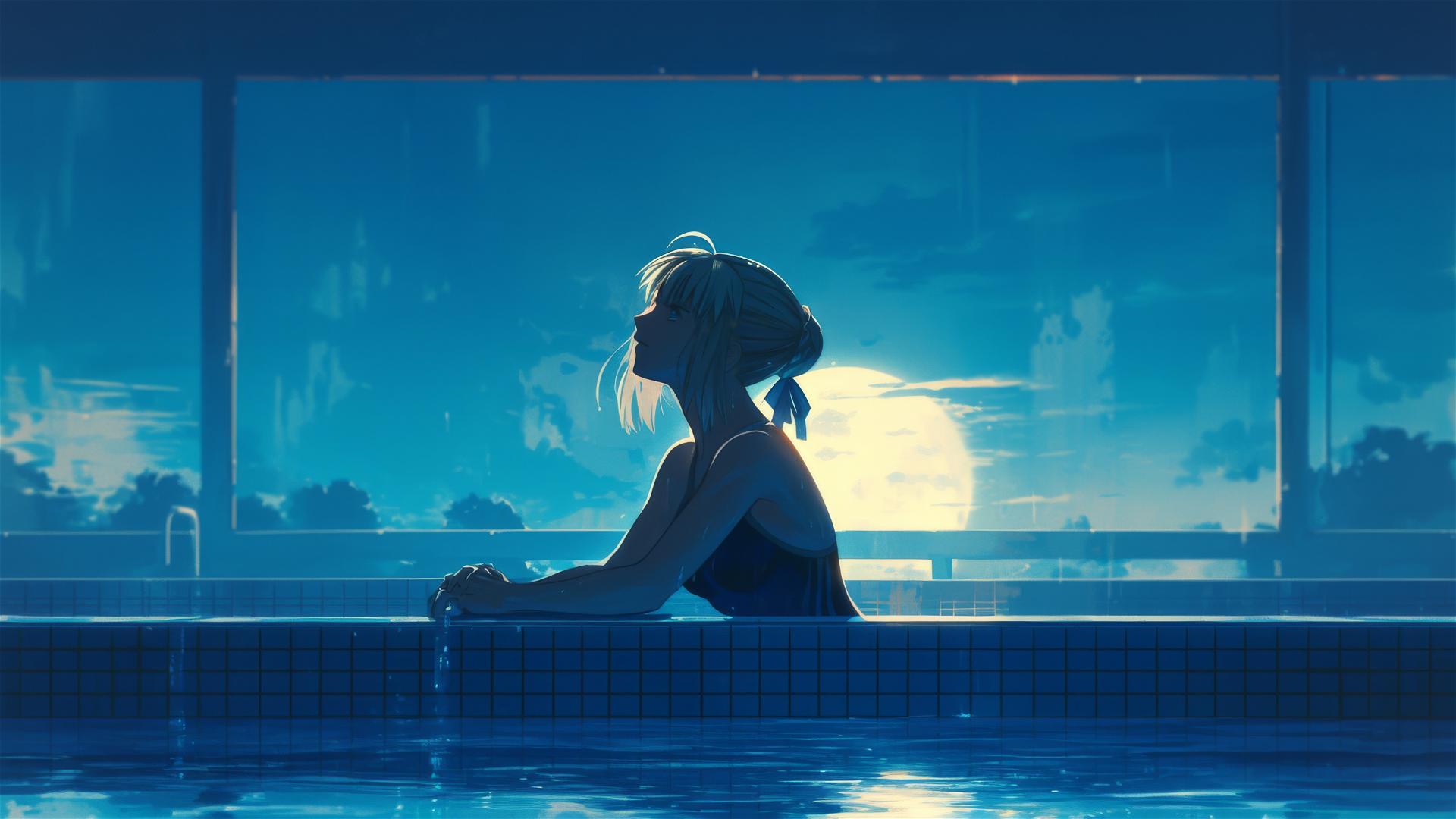 Saber from Fate/Zero standing in a pool under moon glow