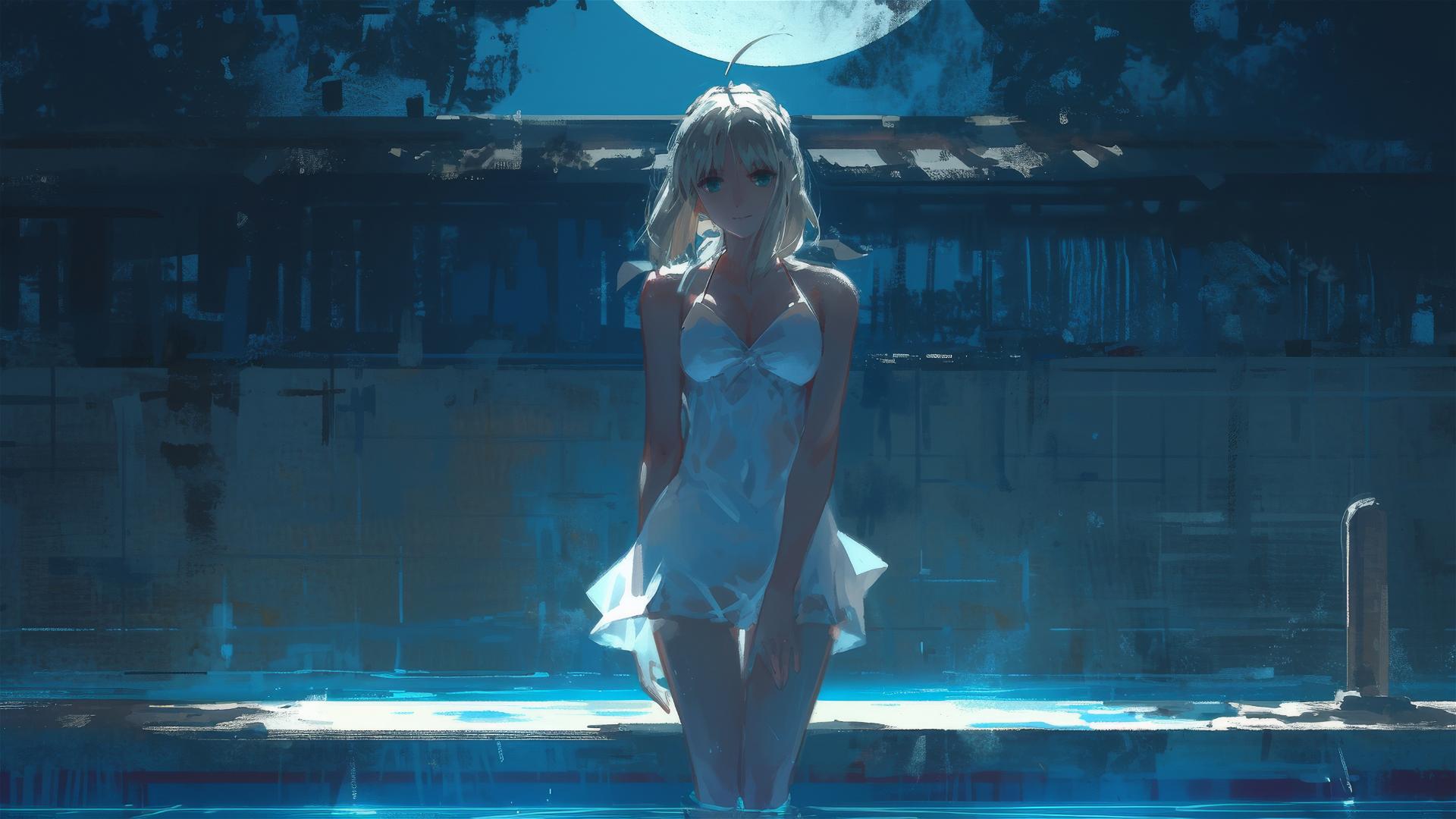 Saber from Fate/Zero in pool under moonlight