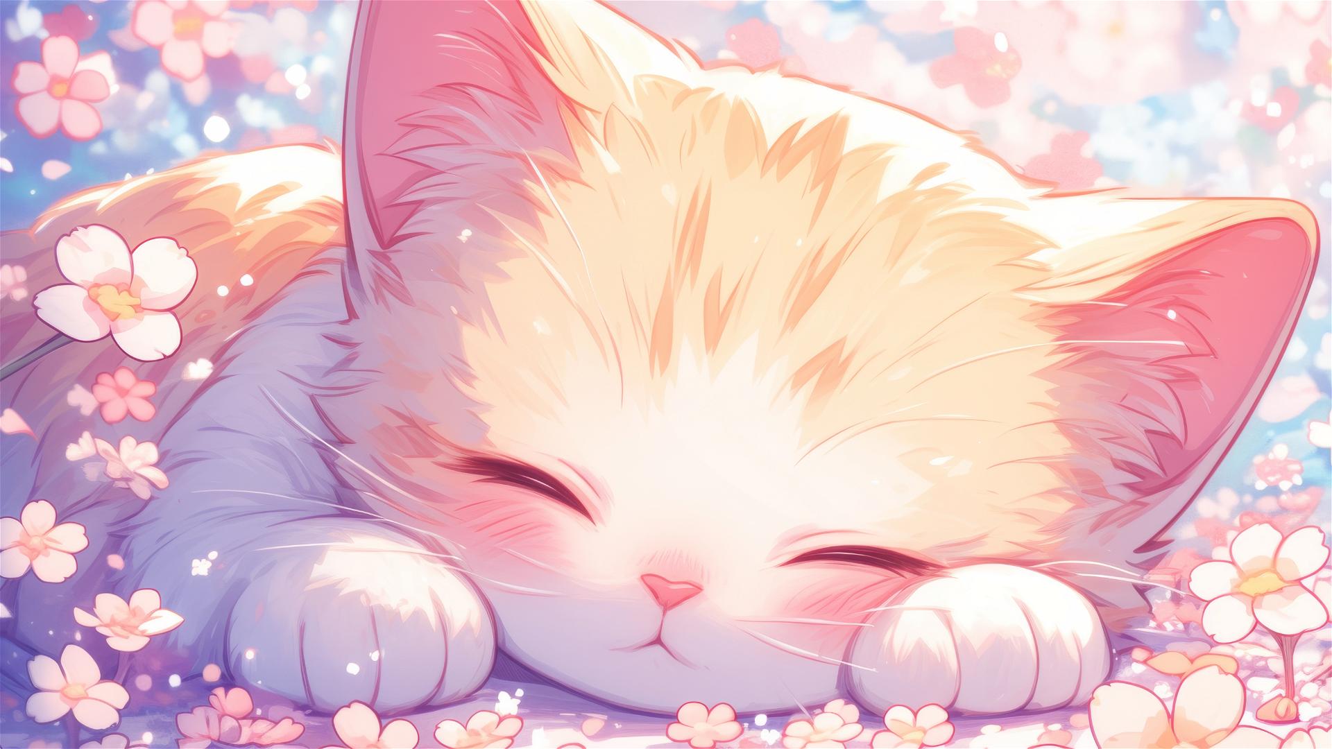 Colorful Japanese animation style art with sleeping British Shorthair cat and flowers
