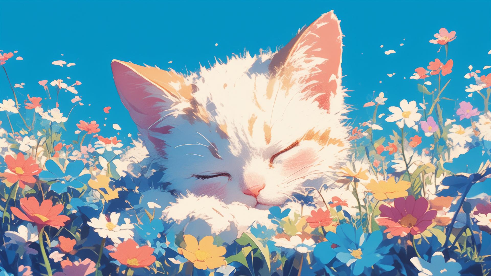 Colorful Japanese animation style panorama with a cute sleeping British Shorthair surrounded by flowers
