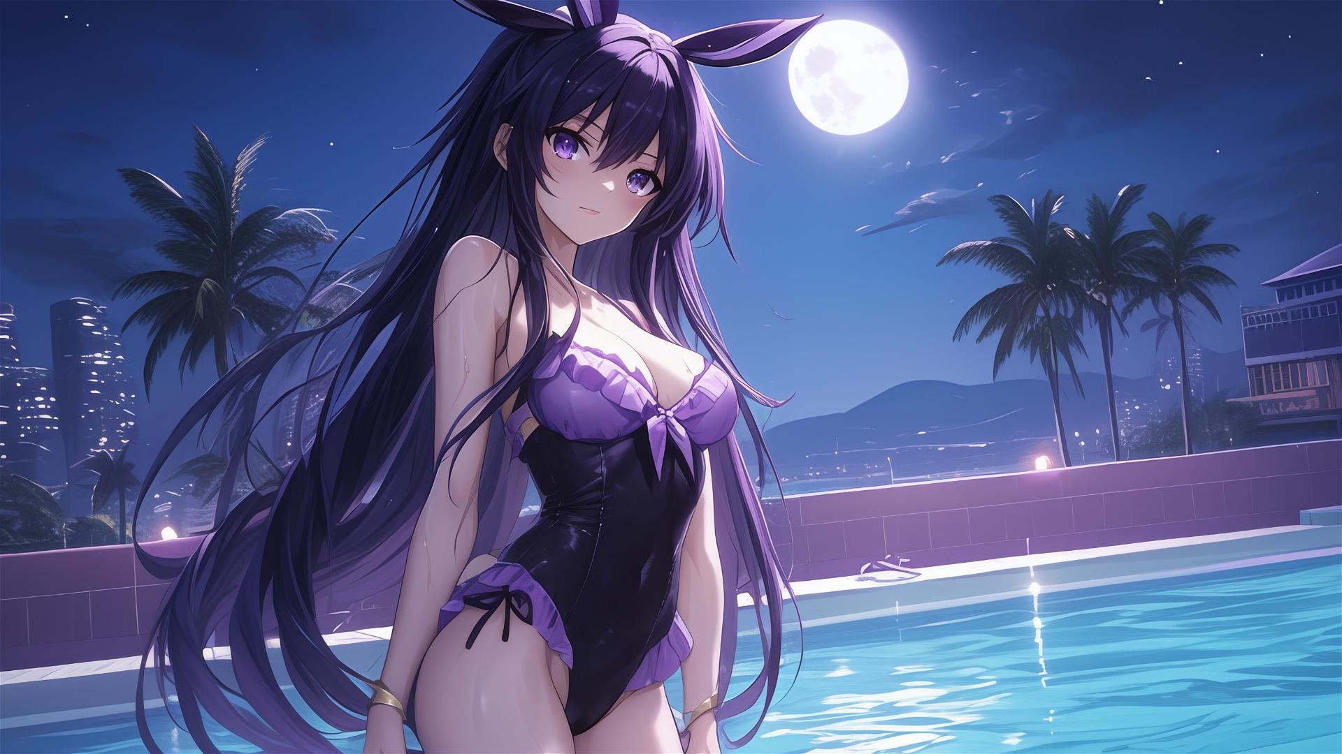 Tohka Yatogami in bunny girl style by the pool under moonlight