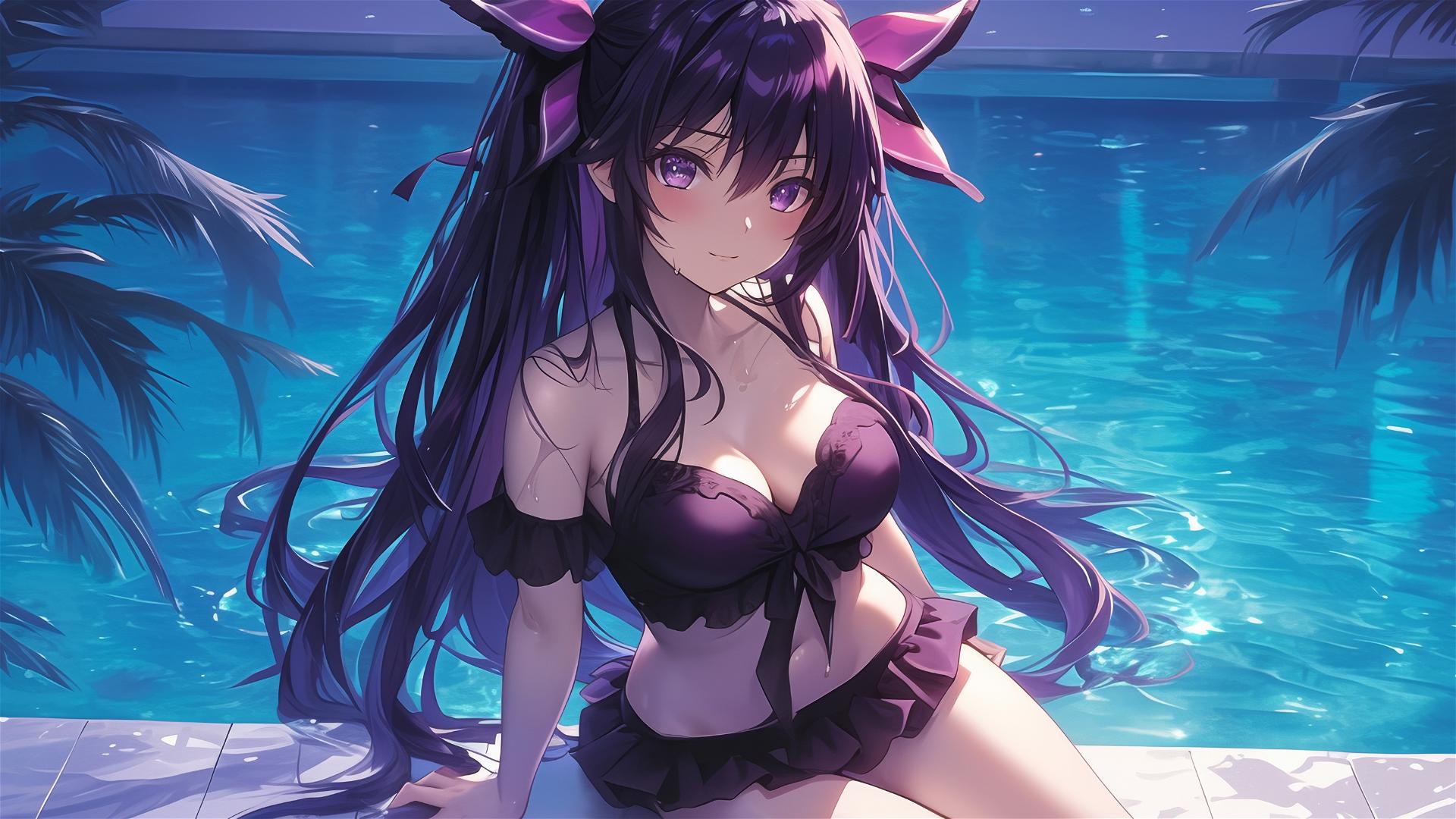 Tohka Yatogami in pool moonlight glow, dark-purple hair and eyes