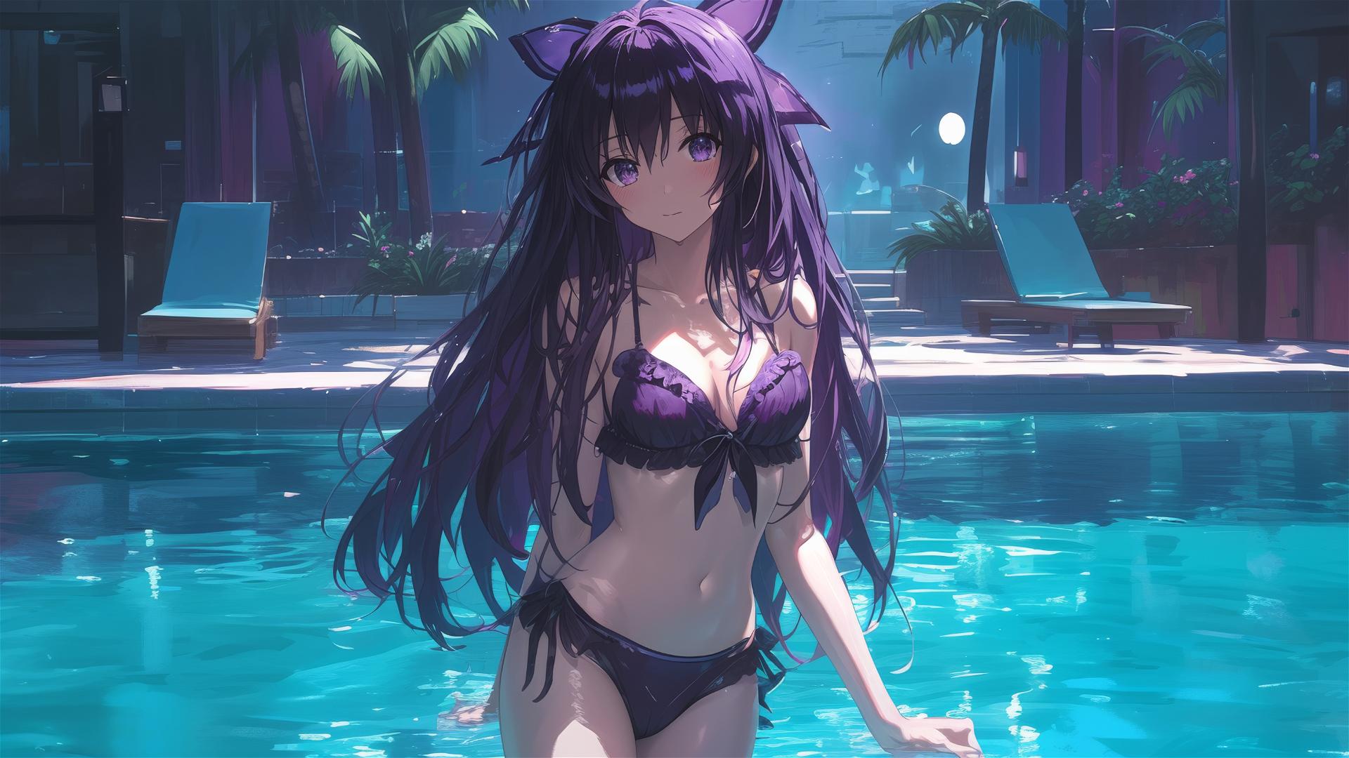 Tohka Yatogami in pool under moonlight with dark-purple hair and eyes