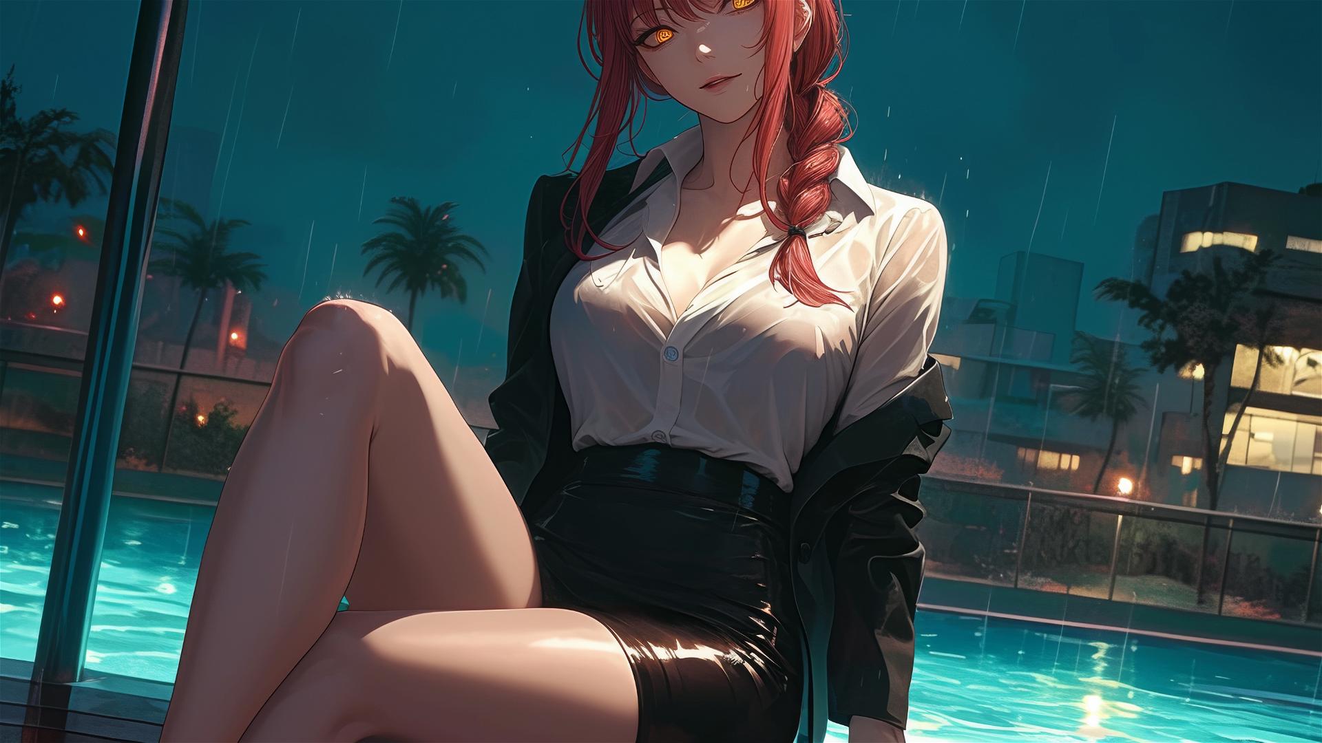 Makima from Chainsaw Man resting by pool in rain with moonlight glow