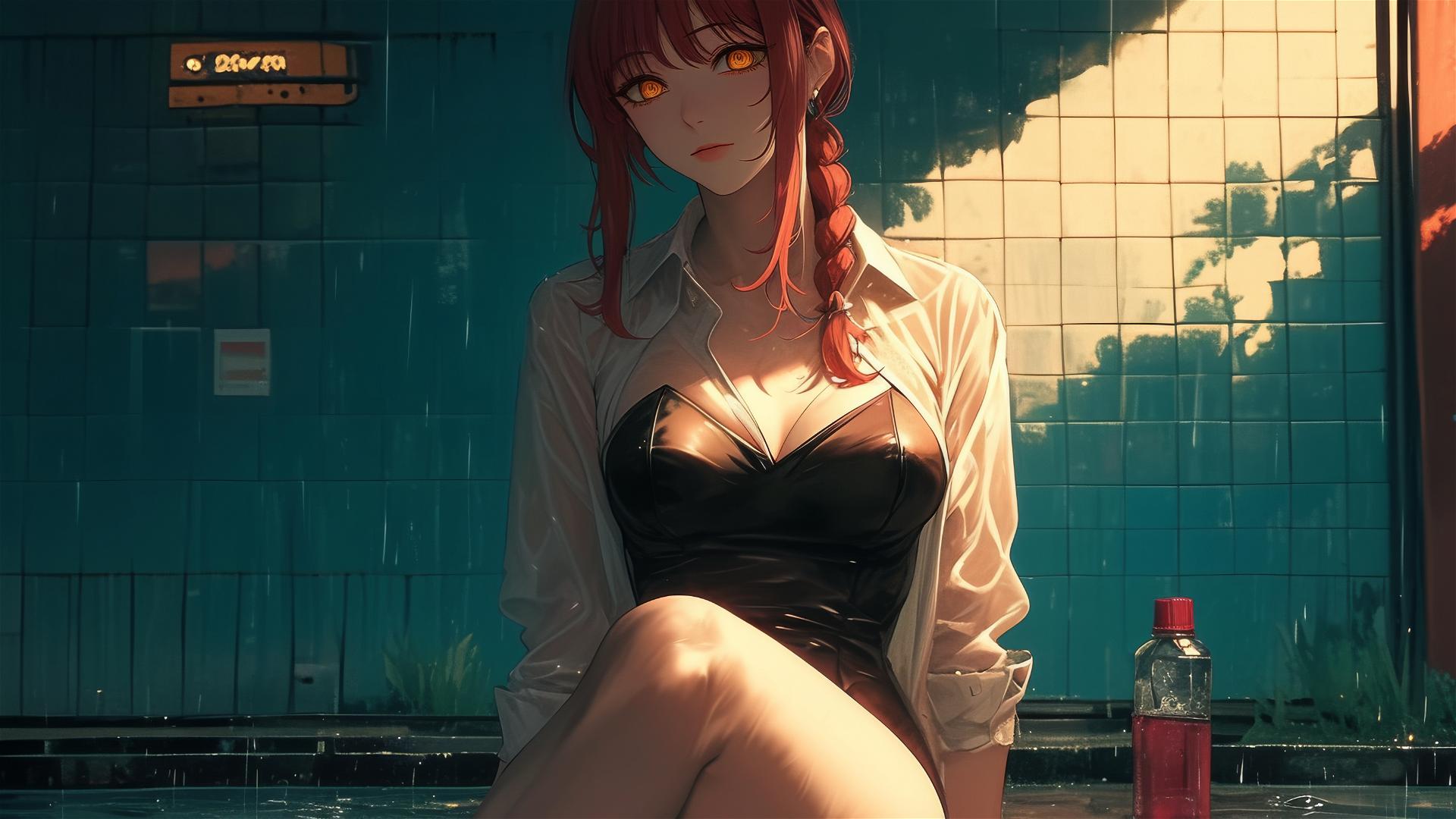Makima resting by poolside in bunny girl style with red hair and heels under the moonlight in the rain