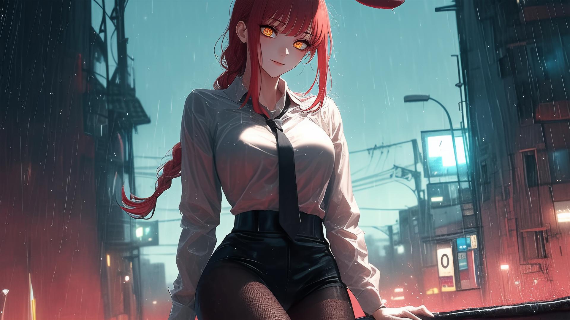 Makima from Chainsaw Man on rooftop, moonlit with red hair and heels, rainy day, bunny style