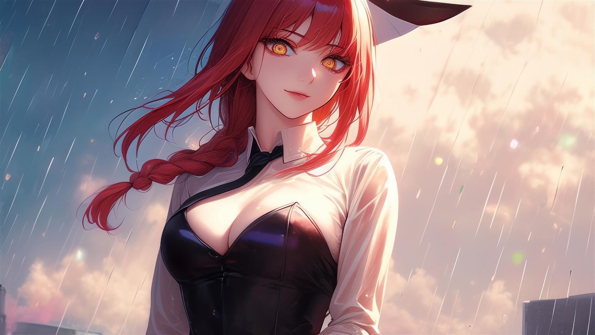 Makima from Chainsaw Man in rain, moonlight on red hair, bunny girl style