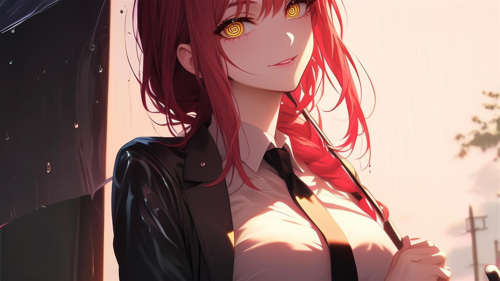 Makima from Chainsaw Man in rain with moonlight on red hair, bunny girl style