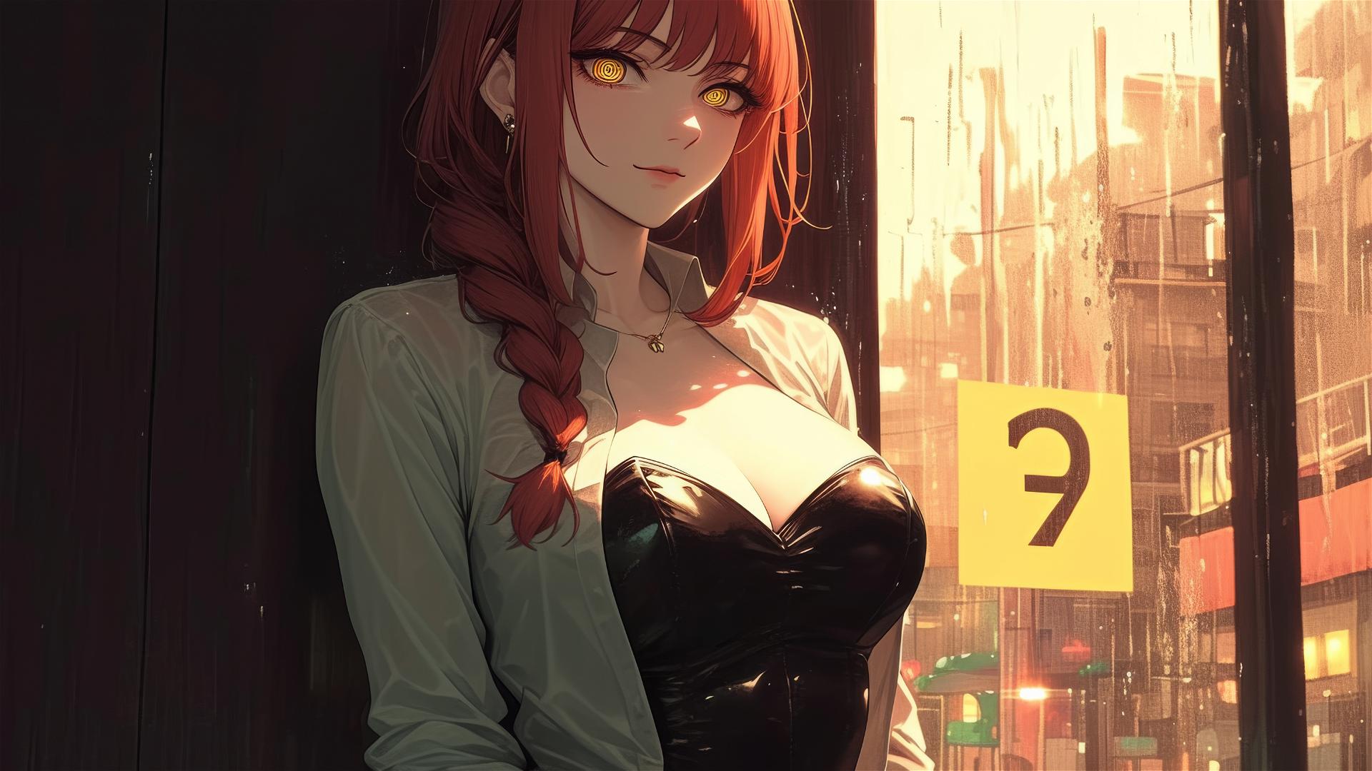 Makima from Chainsaw Man in the rain with moonlight on her figure and red hair, bunny girl style