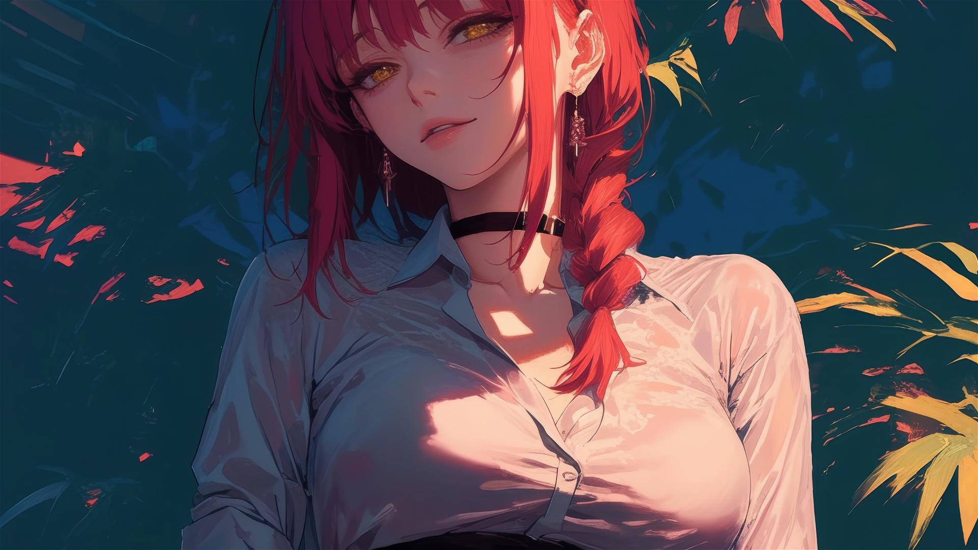 Makima from Chainsaw Man swimming under moonlight, red hair, rainy, bunny girl style