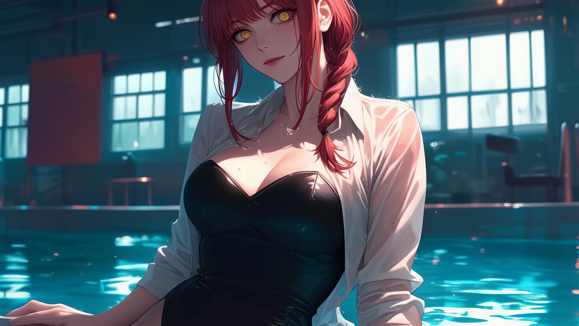 Makima from Chainsaw Man swimming in pool, moonlit, red hair, rainy, bunny style