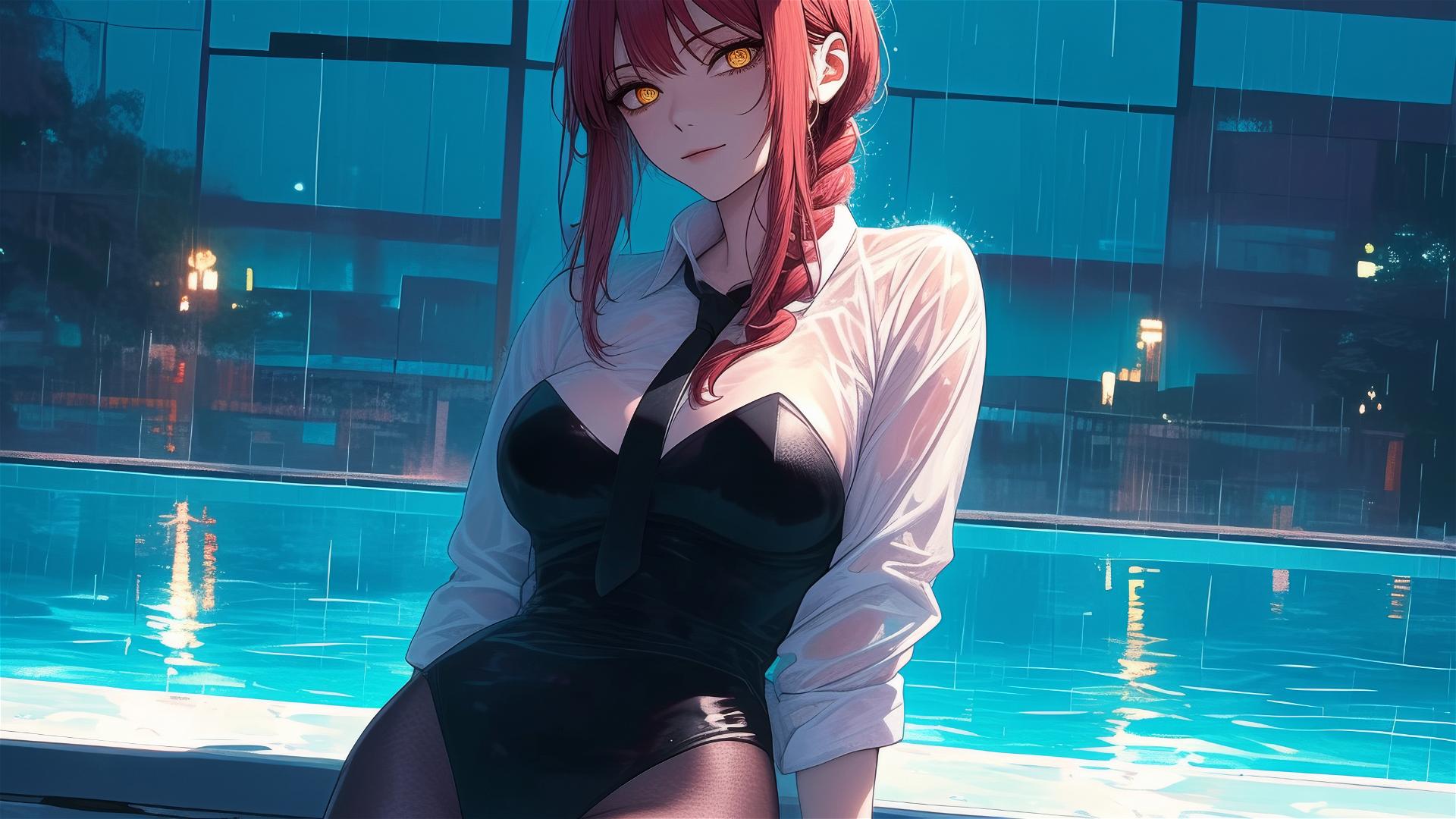 Makima from Chainsaw Man swimming in pool under moonlight with red hair in bunny girl outfit on rainy day