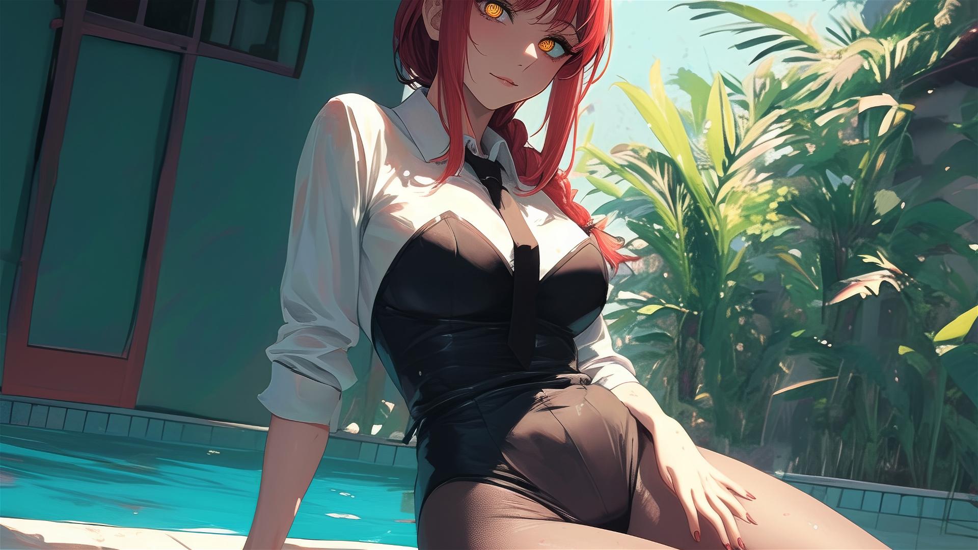 Makima from Chainsaw Man resting by pool under moonlit rainy night, red hair, bunny girl outfit