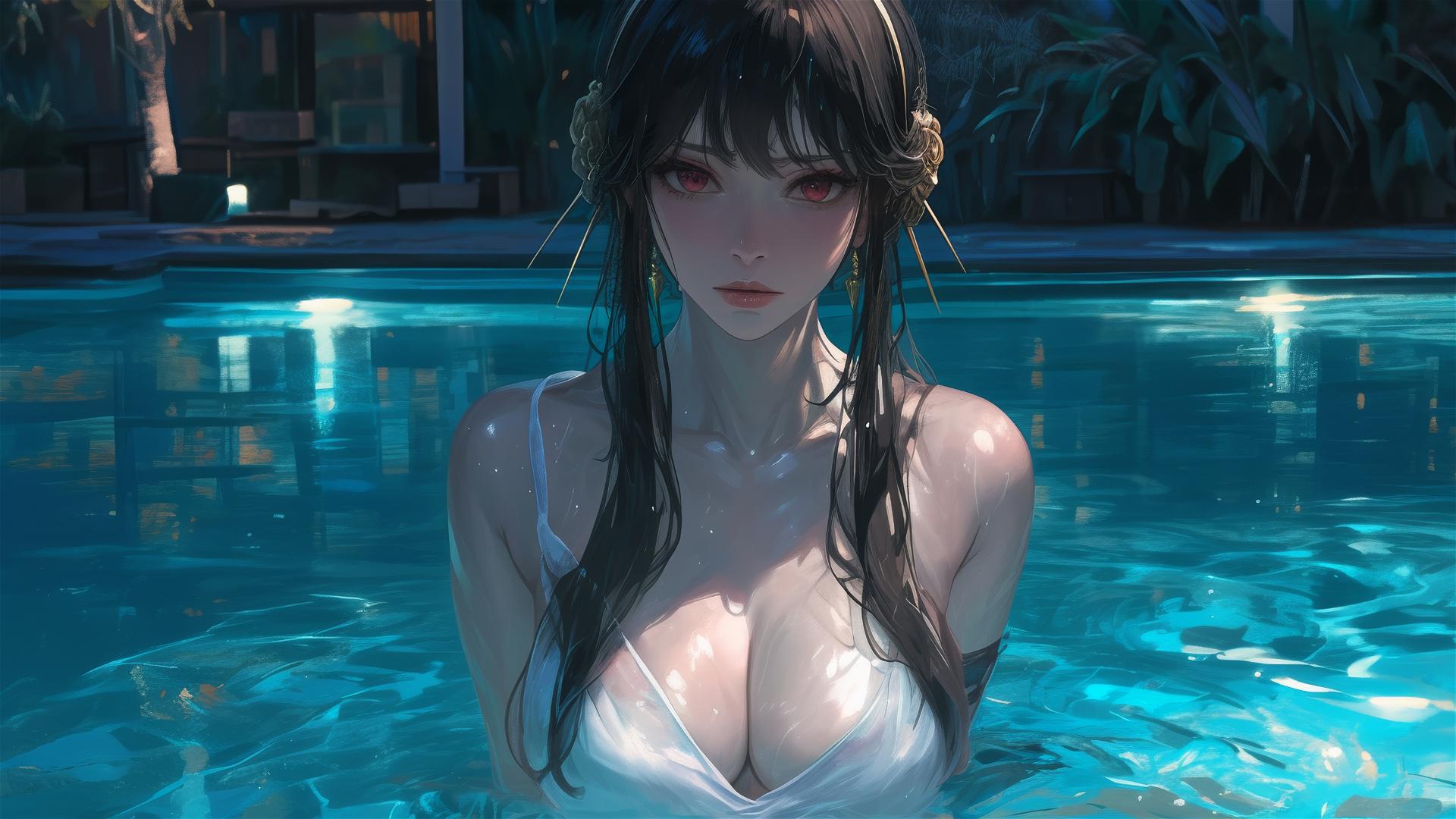 Yor Forger from Spy x Family as a bunny girl in a white outfit standing in a pool with moonlight and rain