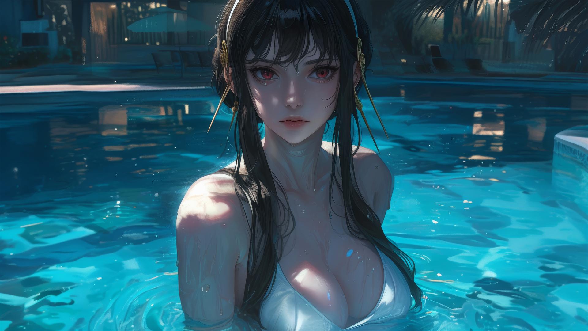 Yor Forger from Spy x Family in bunny girl style, standing in pool under moonlight, rainy day, in white