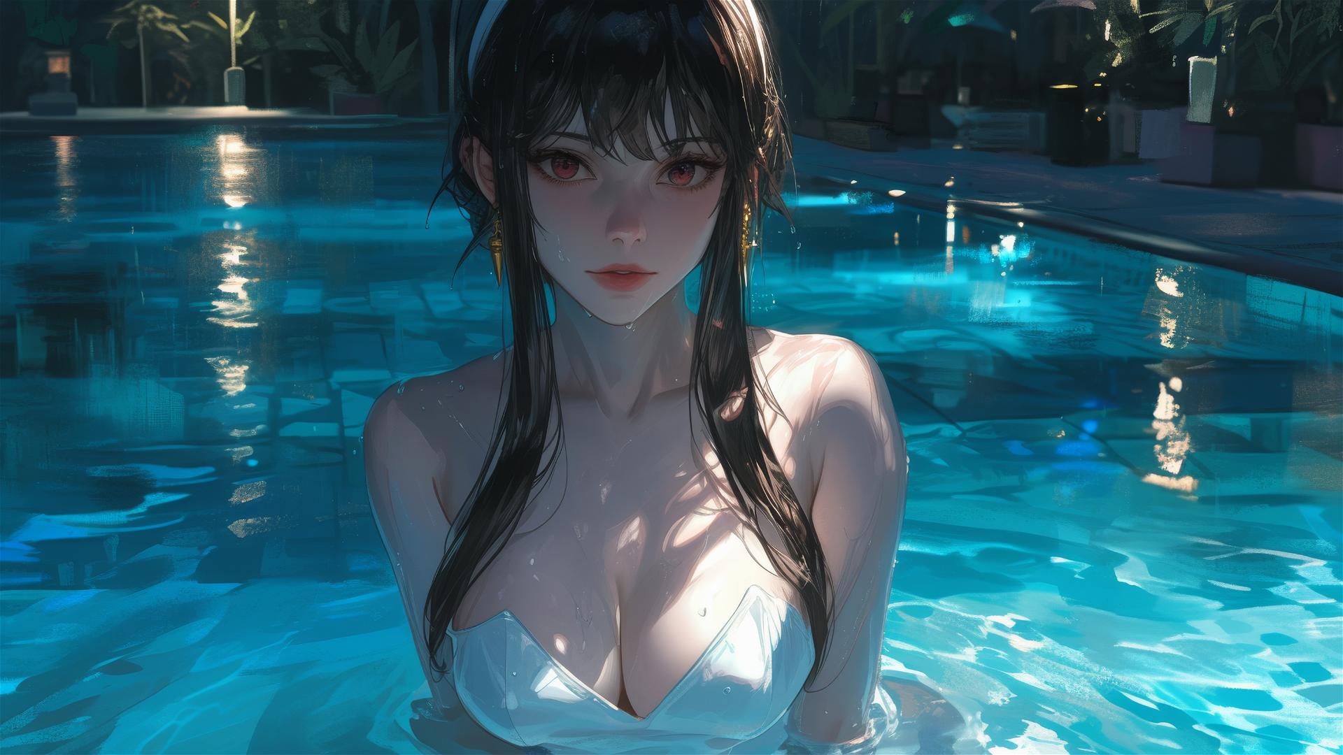 Yor Forger from Spy x Family in bunny girl outfit standing in pool under moonlight on a rainy day