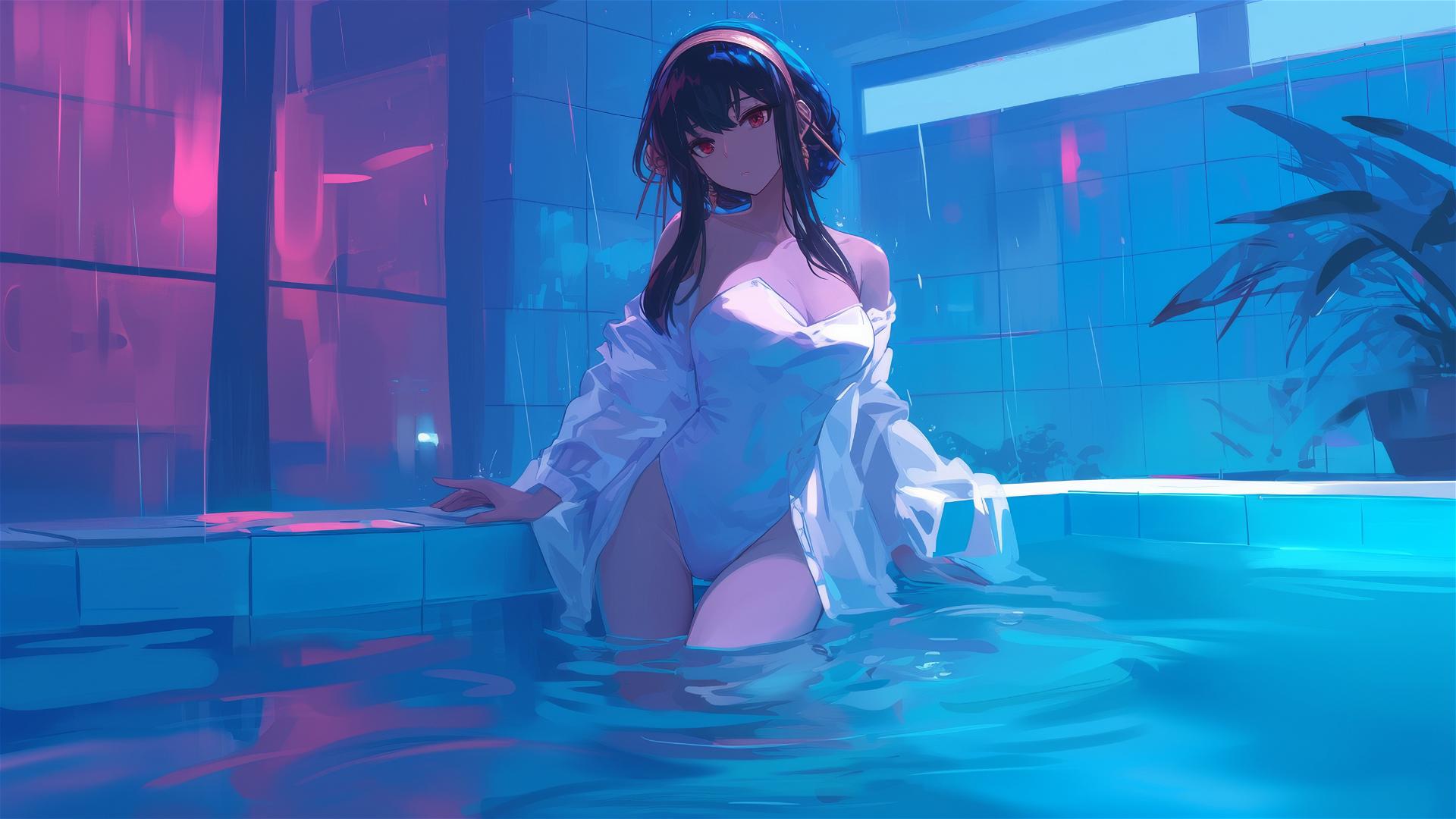 Yor Forger in bunny suit stands in pool under moonlight on a rainy day