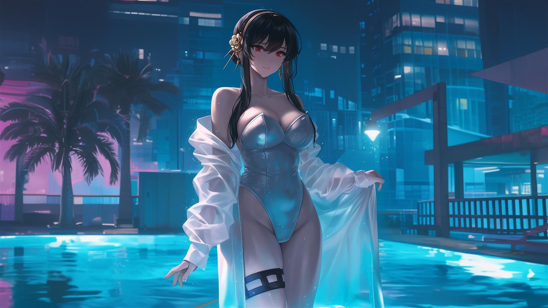 Yor Forger from Spy x Family as a bunny girl in a white outfit in a pool under moonlight on a rainy day.