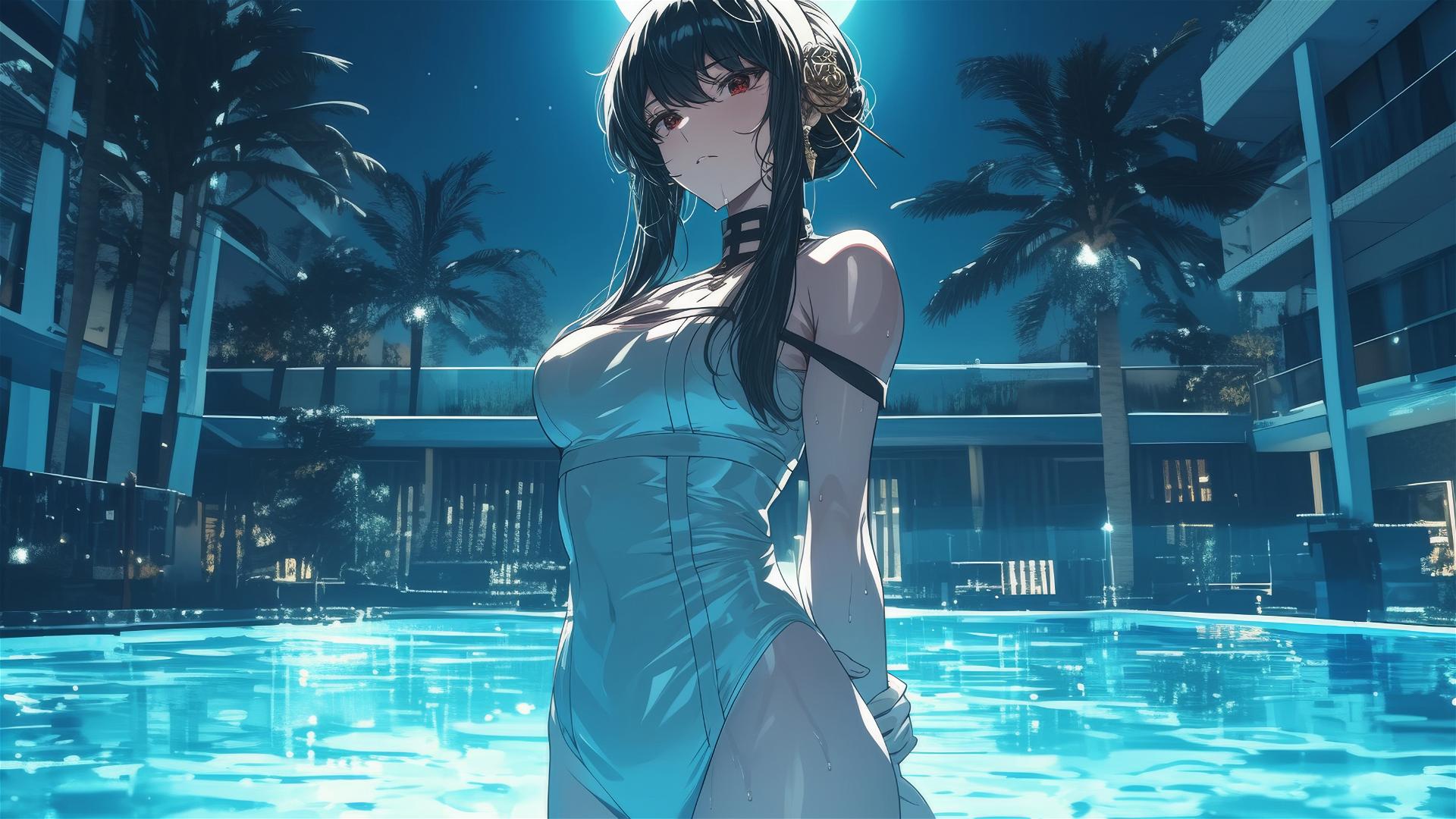 Yor Forger from Spy x Family in bunny outfit standing in a pool under moonlight