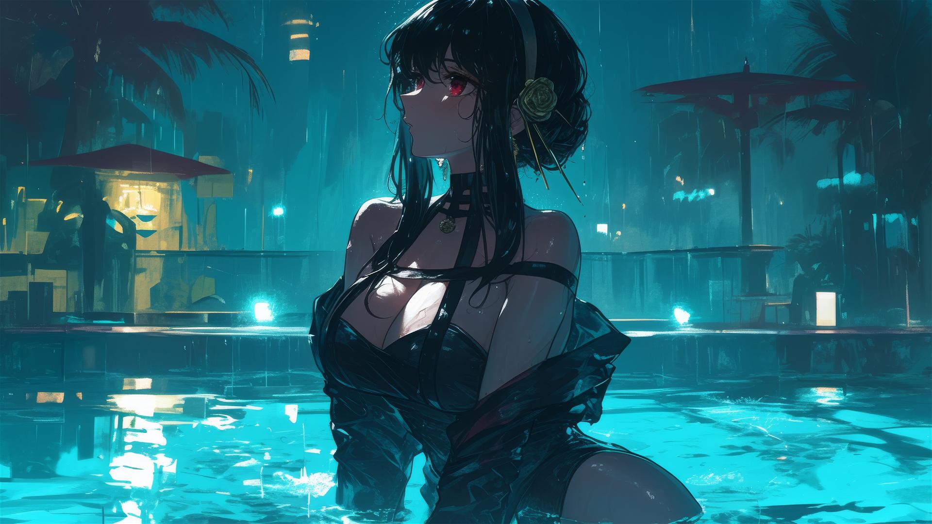 Yor Forger from Spy x Family in a white bunny costume under moonlight in a pool