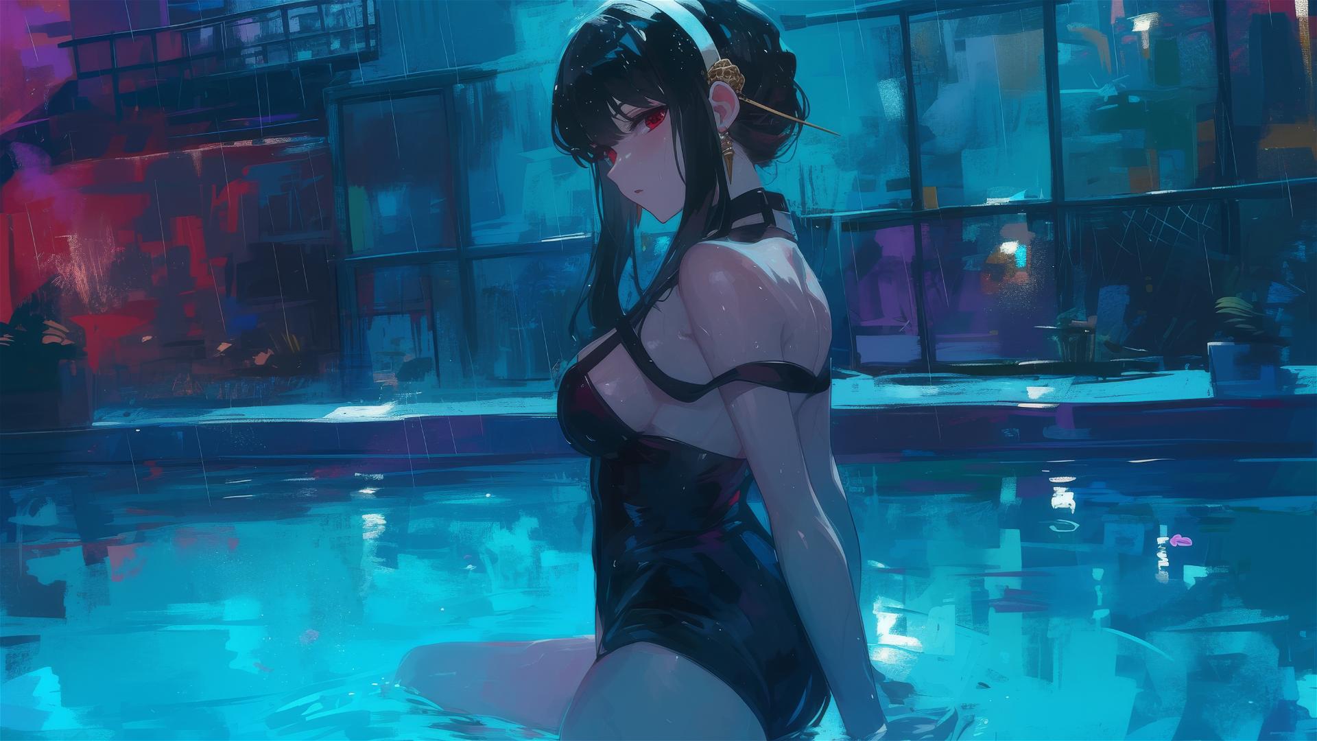 Yor Forger as bunny girl in pool under moonlight on a rainy day