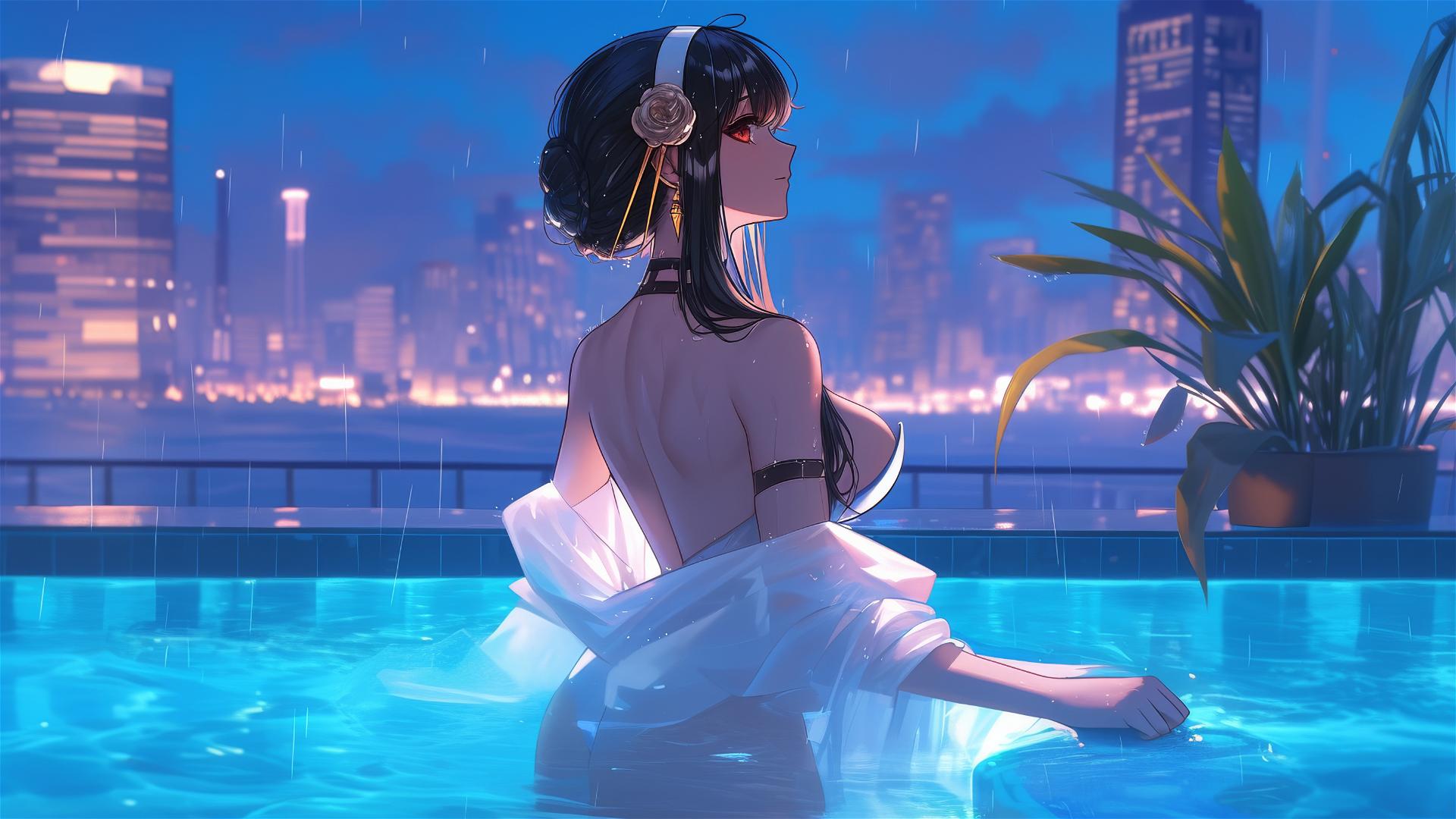 Yor Forger as a bunny girl in a pool under moonlight on a rainy day