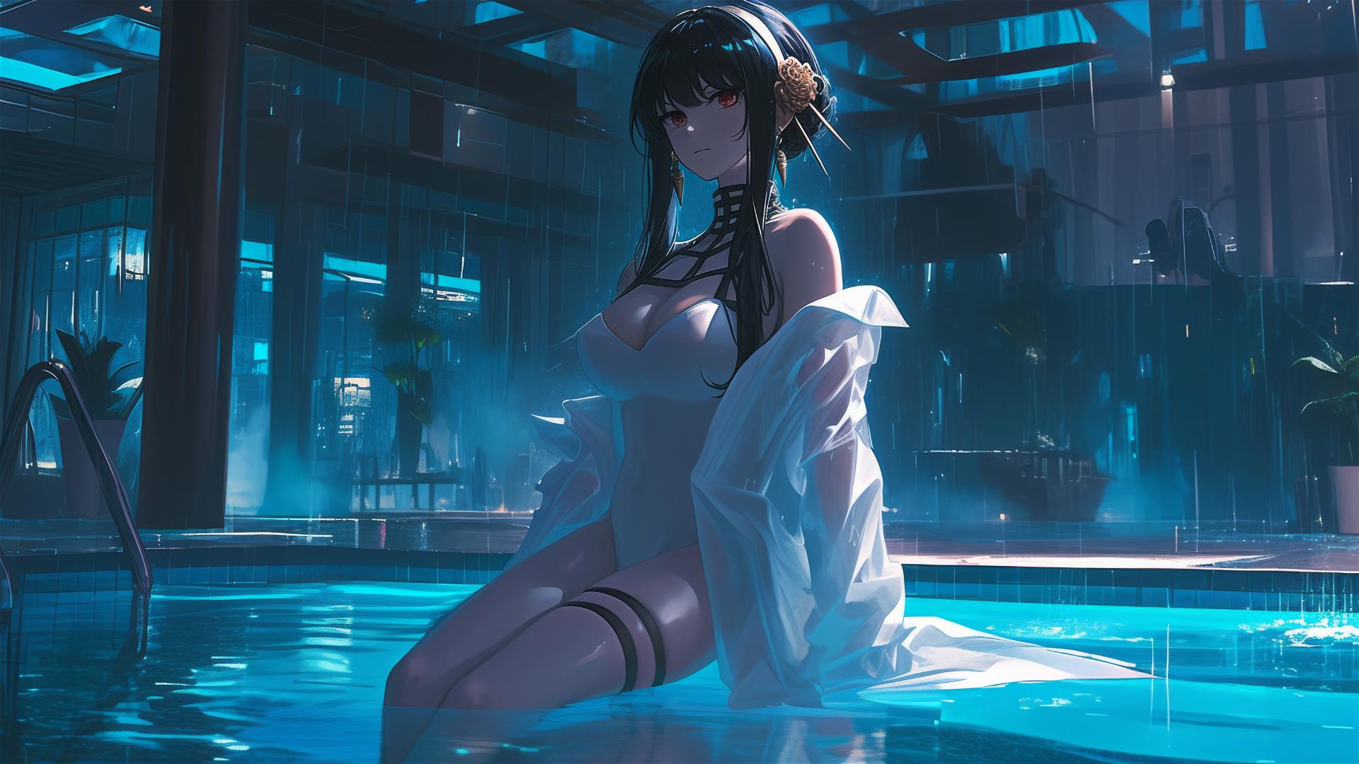 Yor Forger in bunny girl style, standing in a pool under moonlight on a rainy day, dressed in white