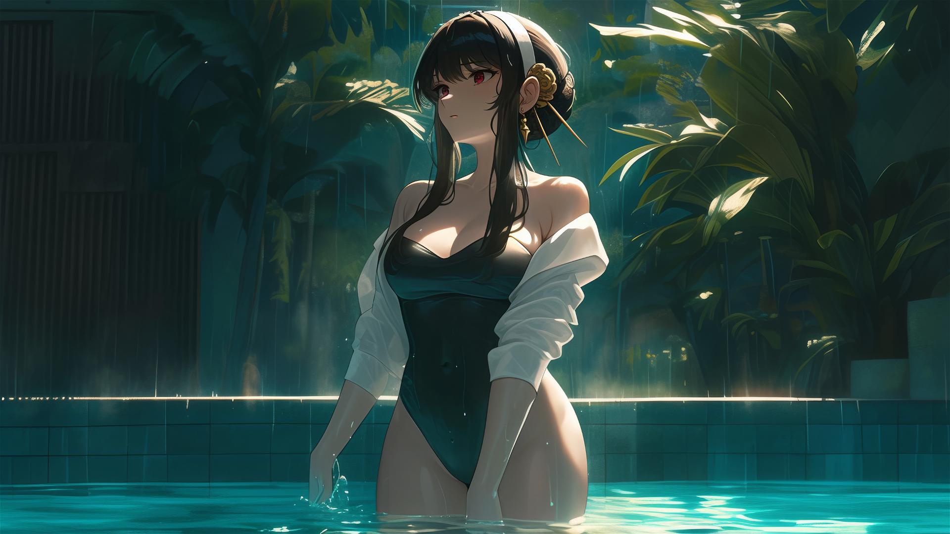 Yor Forger from Spy x Family, in bunny girl style, standing in a pool on a rainy day under moonlight