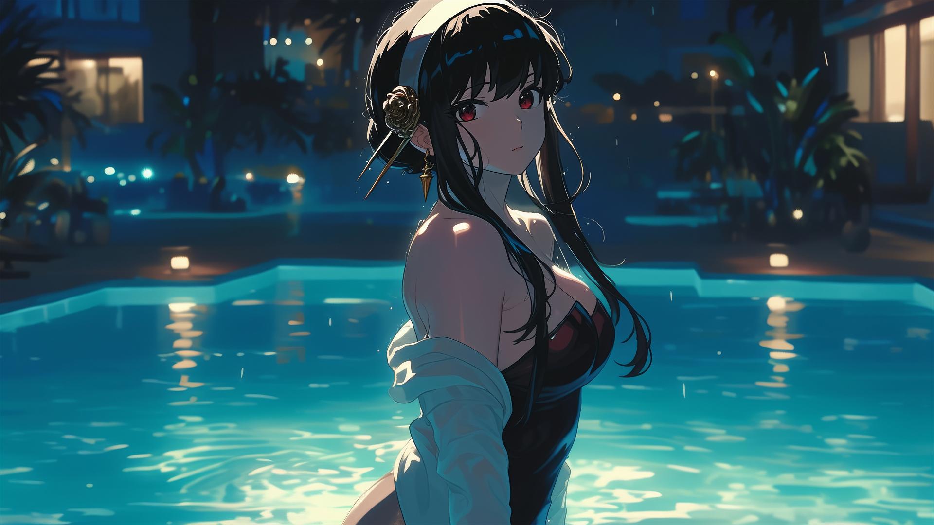 Yor Forger as a bunny girl in a pool, moonlit and rainy day